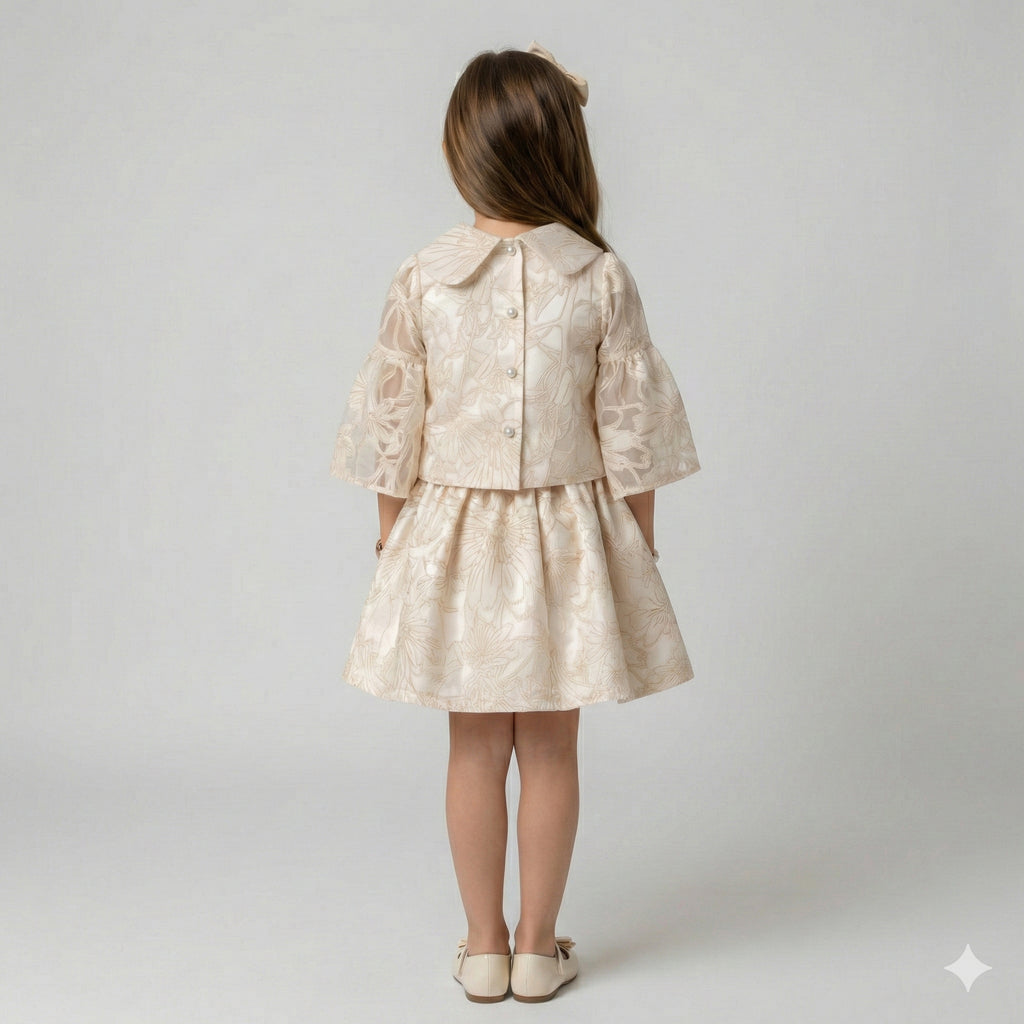Girls' Sophisticated Floral Flocked Peplum & Skirt Ensemble