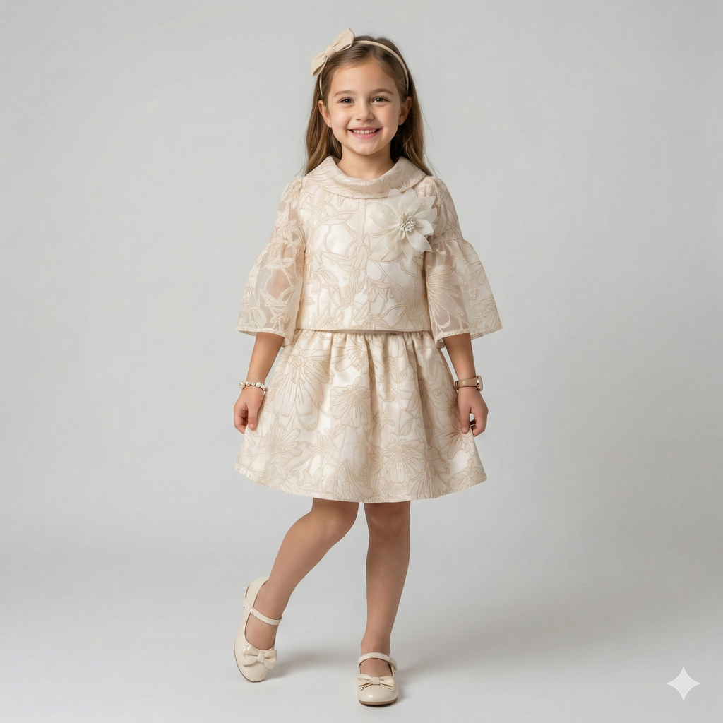 Girls' Sophisticated Floral Flocked Peplum & Skirt Ensemble