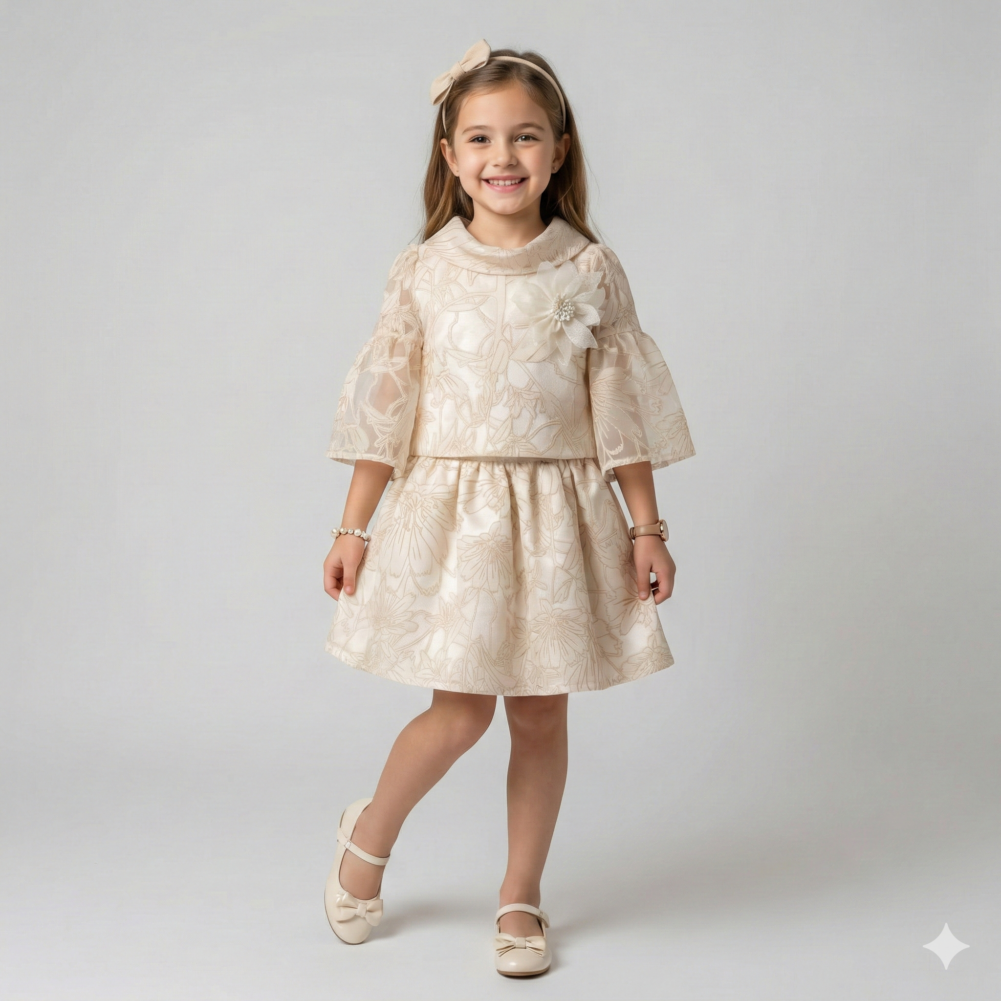 Girls' Sophisticated Floral Flocked Peplum & Skirt Ensemble