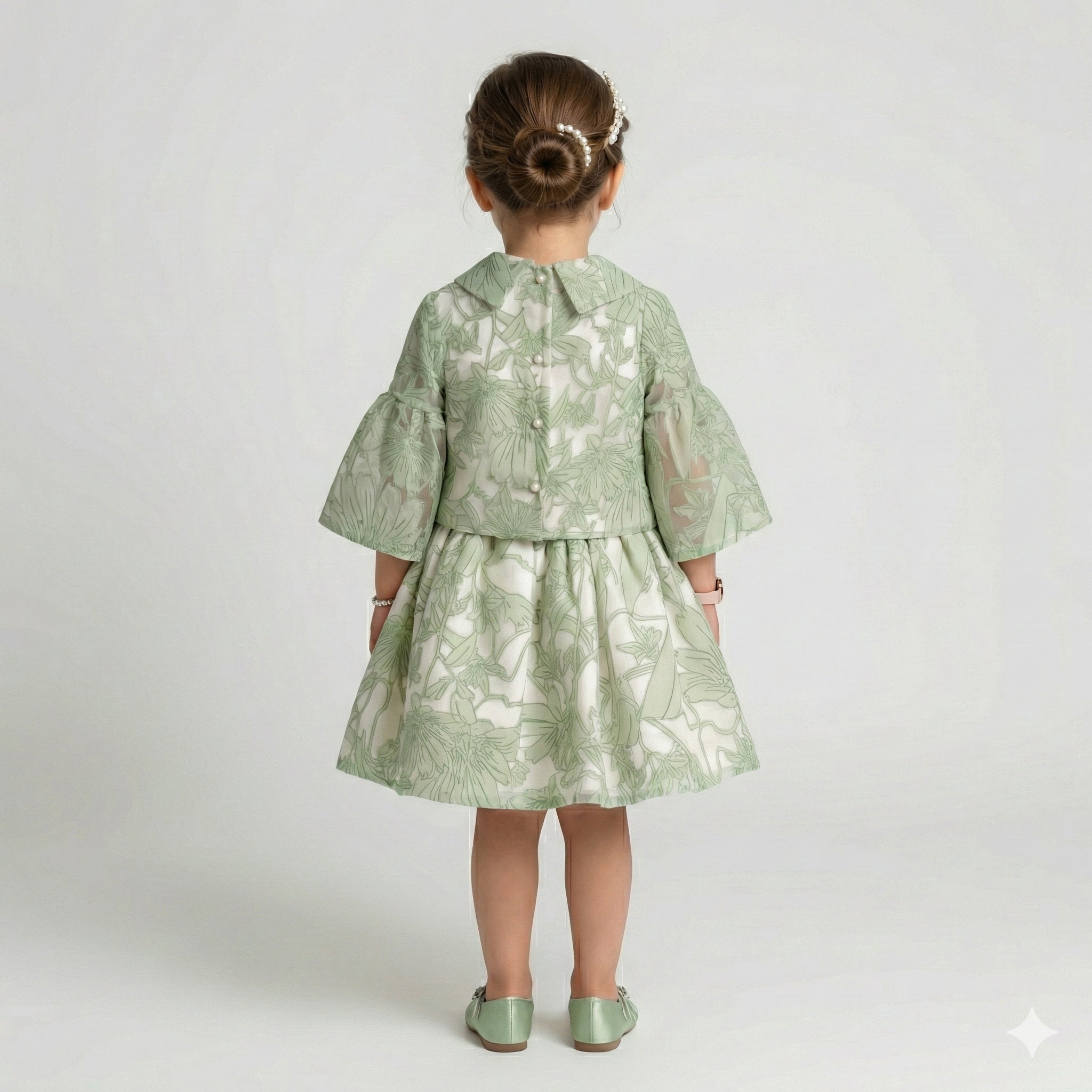 Girls' Genevieve Botanical Organza Bell-Sleeve Dress