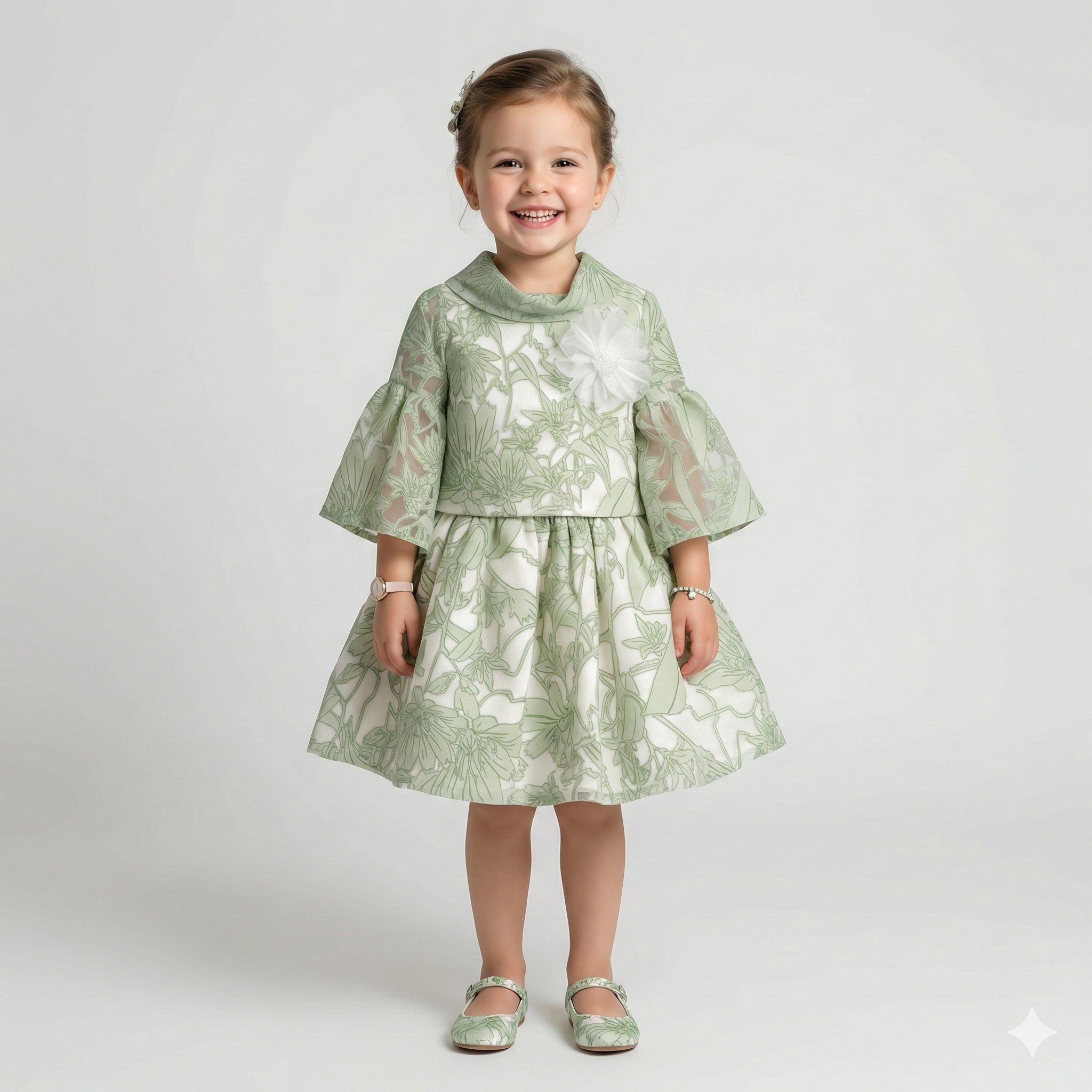 Girls' Genevieve Botanical Organza Bell-Sleeve Dress