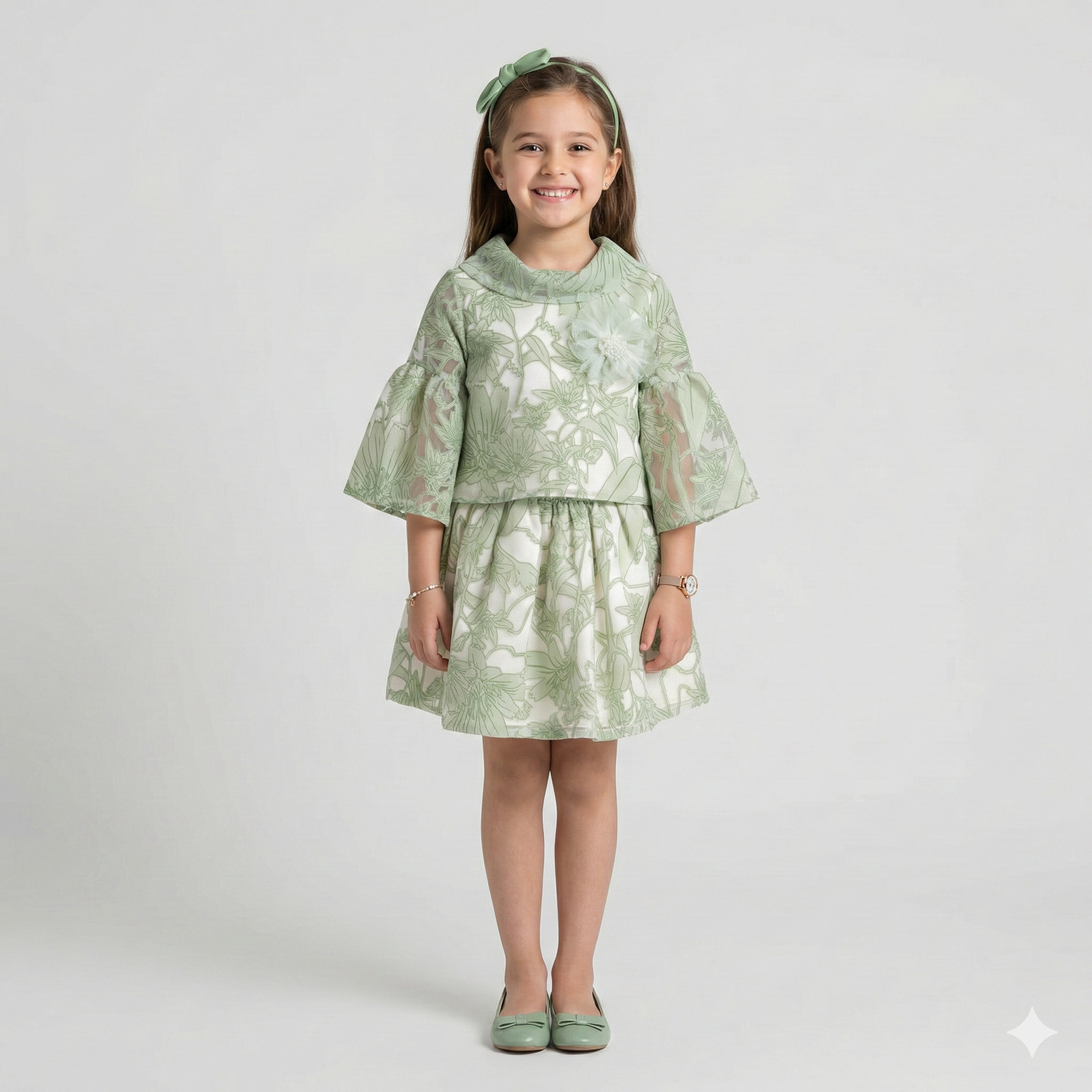 Girls' Genevieve Botanical Organza Bell-Sleeve Dress