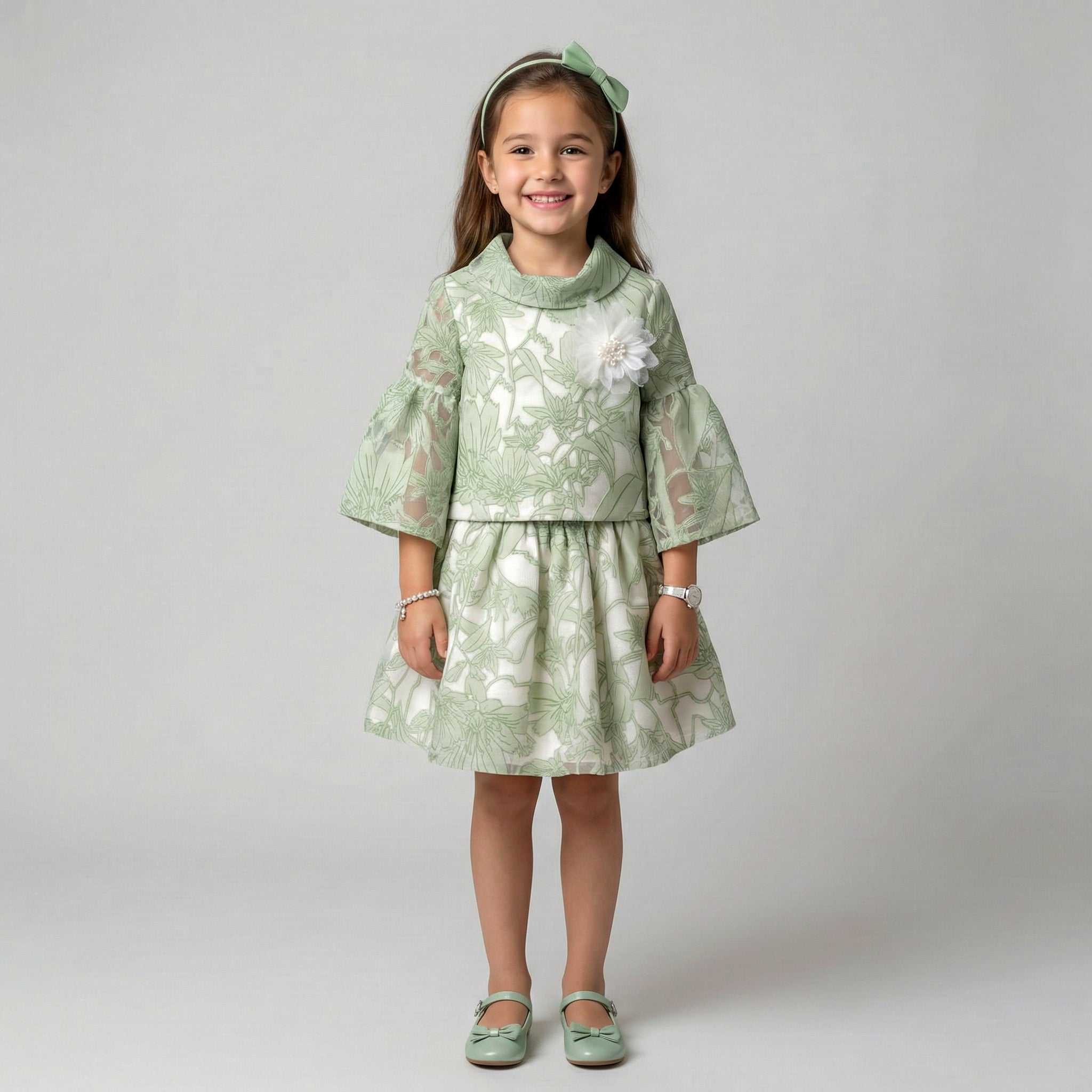 Girls' Genevieve Botanical Organza Bell-Sleeve Dress