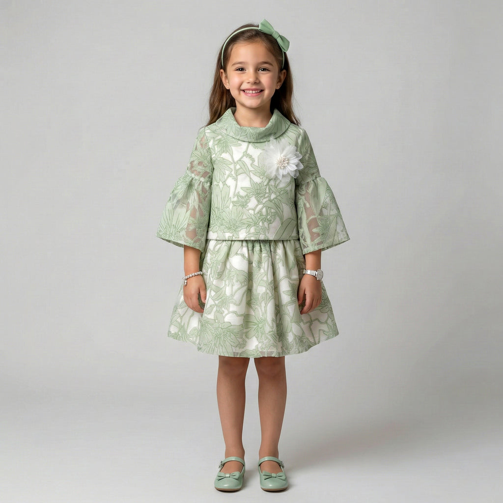 Girls’ Sage Floral Flocked Occasion Set