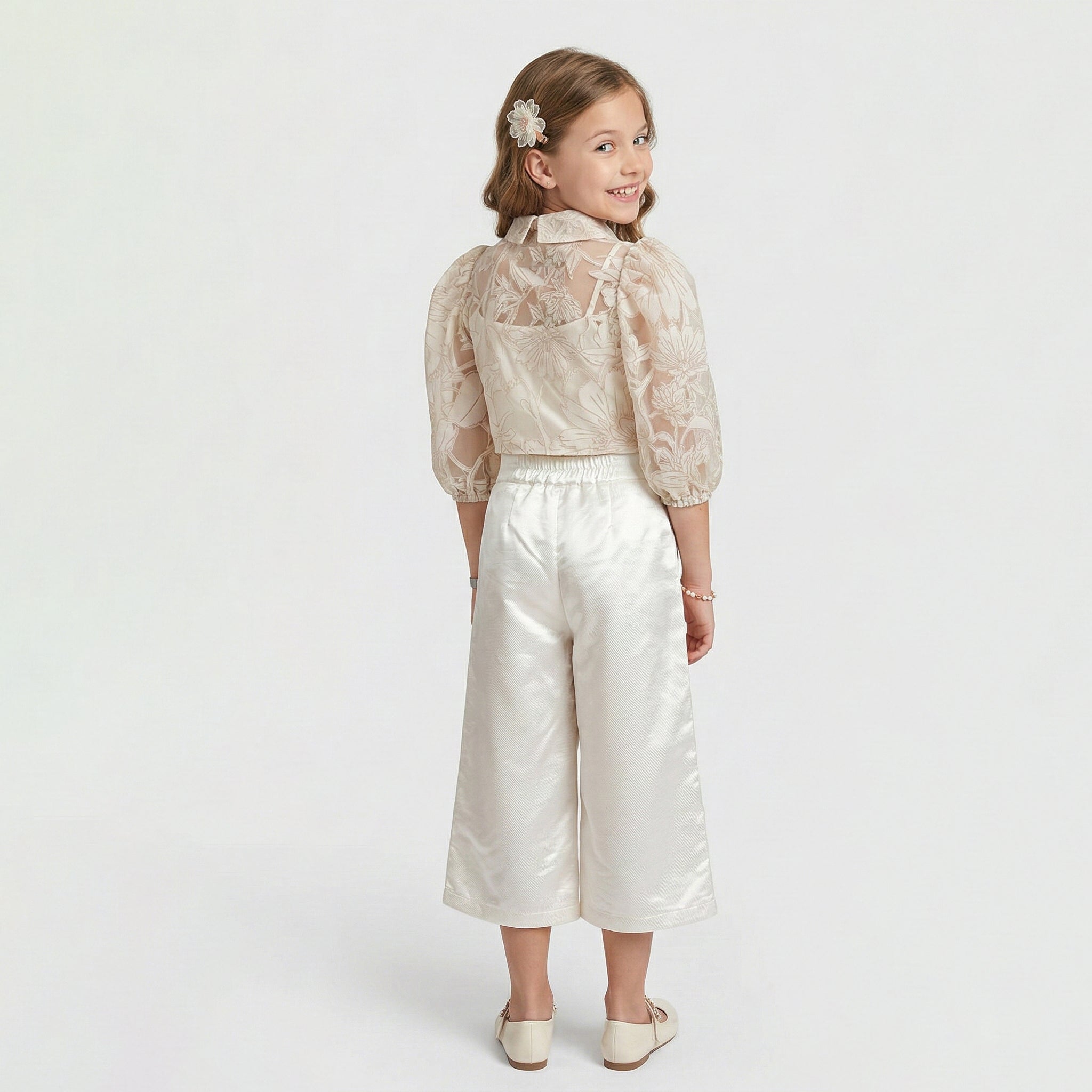 Girls' Genevieve Organza Bloom Blouse & Shimmer Wide-Leg Trouser Set