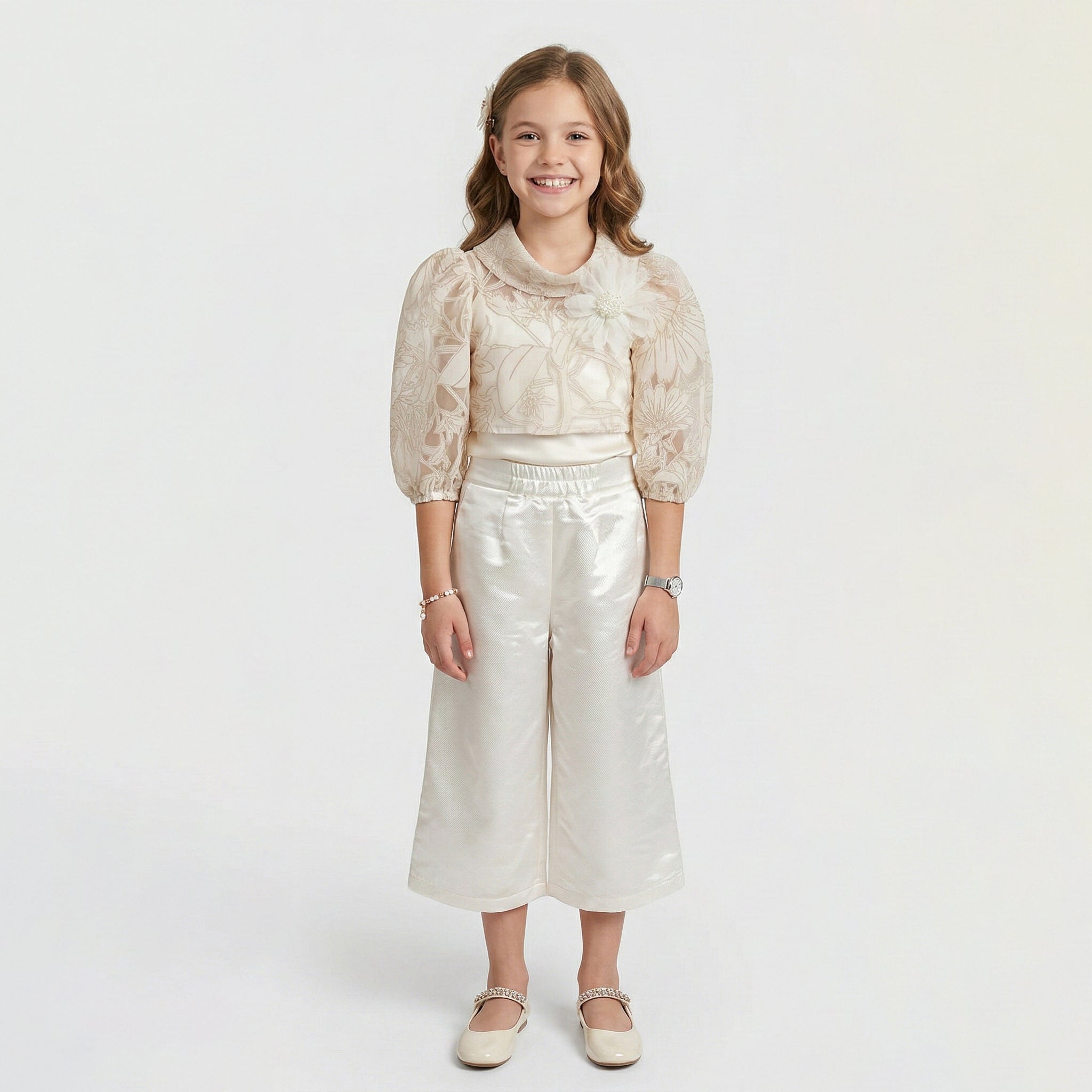 Girls' Genevieve Organza Bloom Blouse & Shimmer Wide-Leg Trouser Set