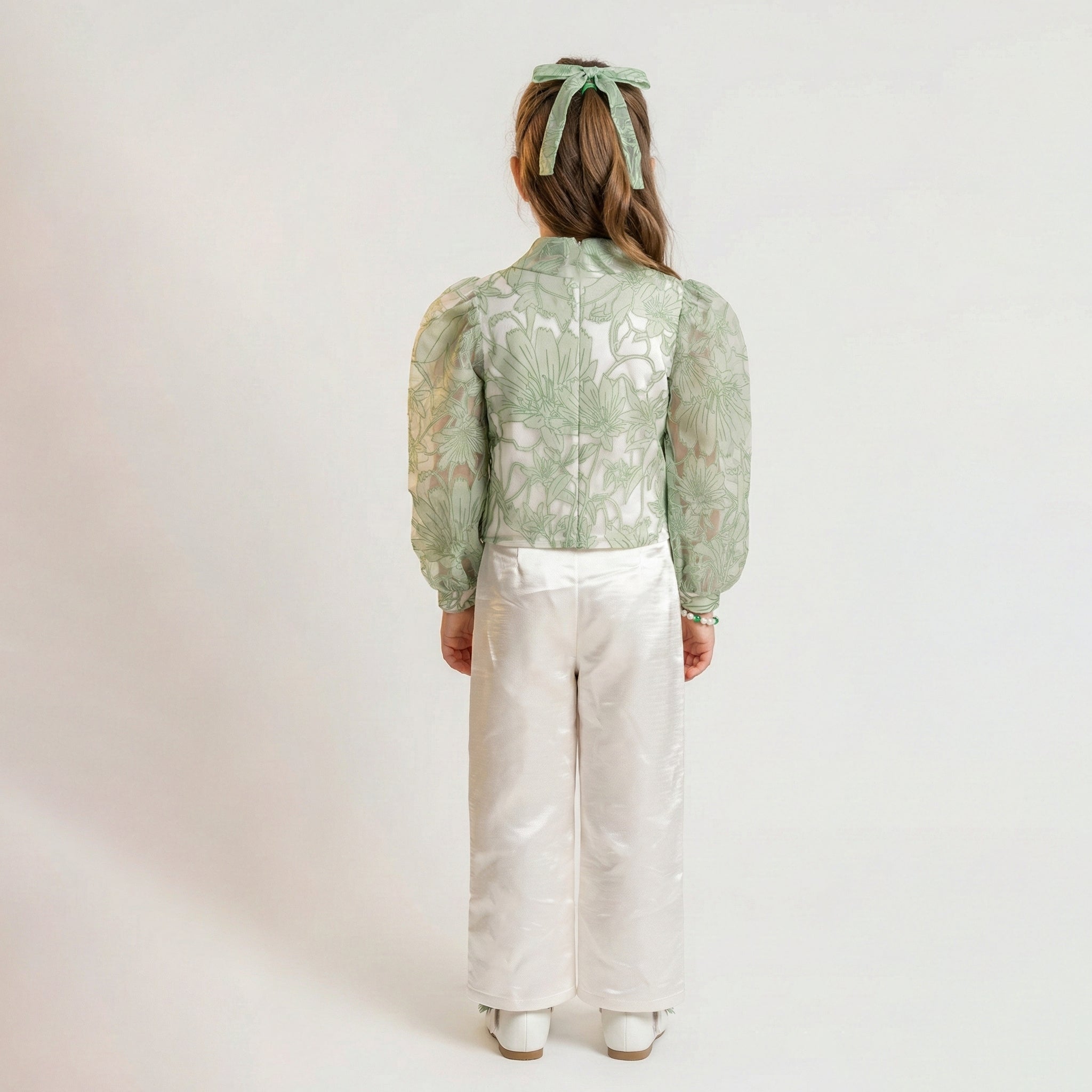 Girls' Sage Blossom Jacquard Blouse & Ivory Satin Pant Set