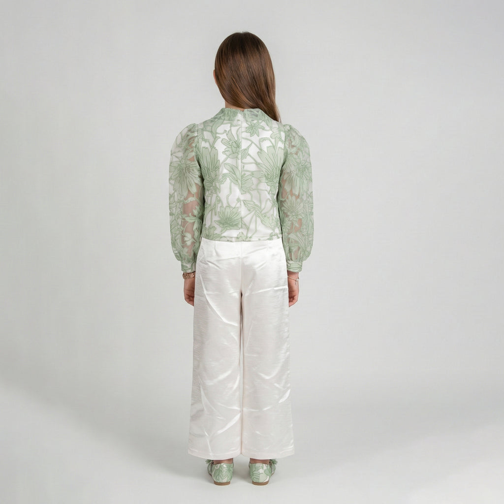 Girls' Sage Blossom Jacquard Blouse & Ivory Satin Pant Set