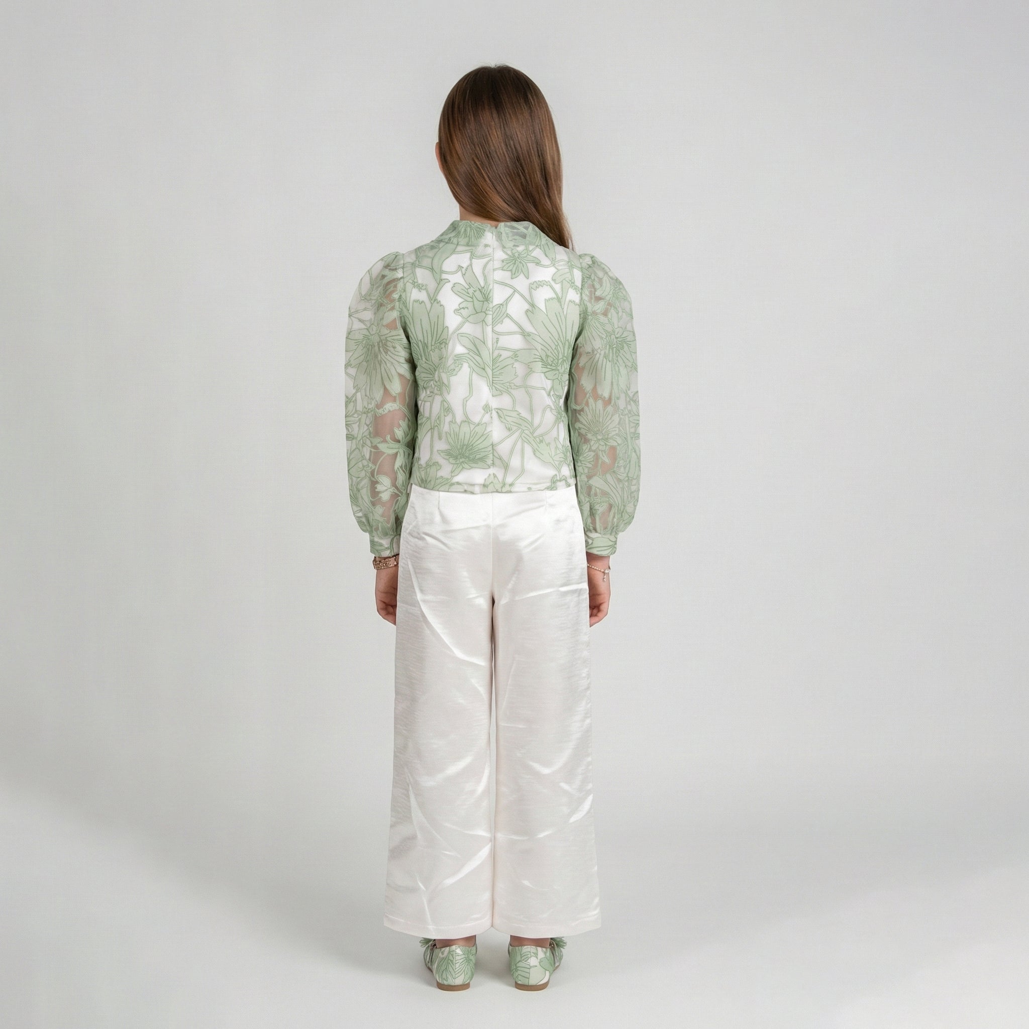 Girls' Sage Blossom Jacquard Blouse & Ivory Satin Pant Set