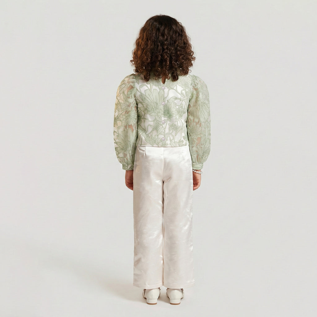 Girls' Sage Blossom Jacquard Blouse & Ivory Satin Pant Set