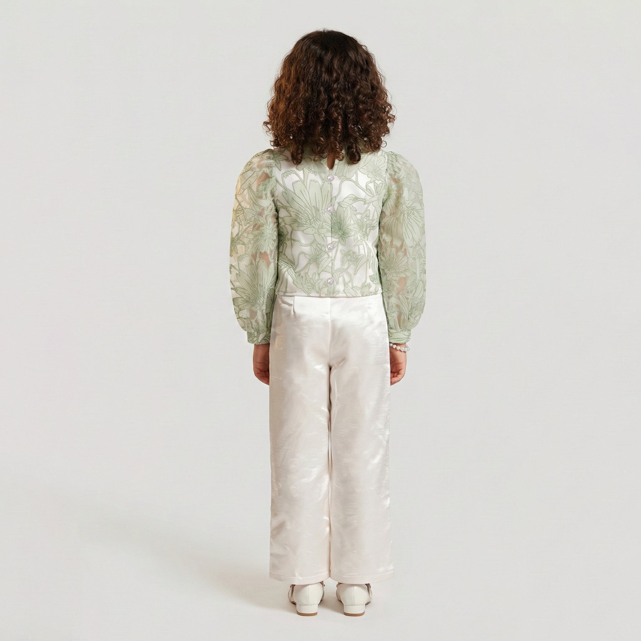 Girls' Sage Blossom Jacquard Blouse & Ivory Satin Pant Set