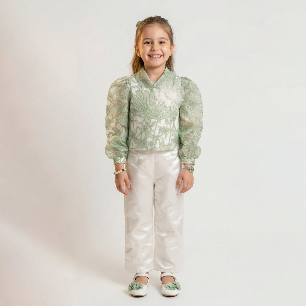 Girls' Sage Blossom Jacquard Blouse & Ivory Satin Pant Set