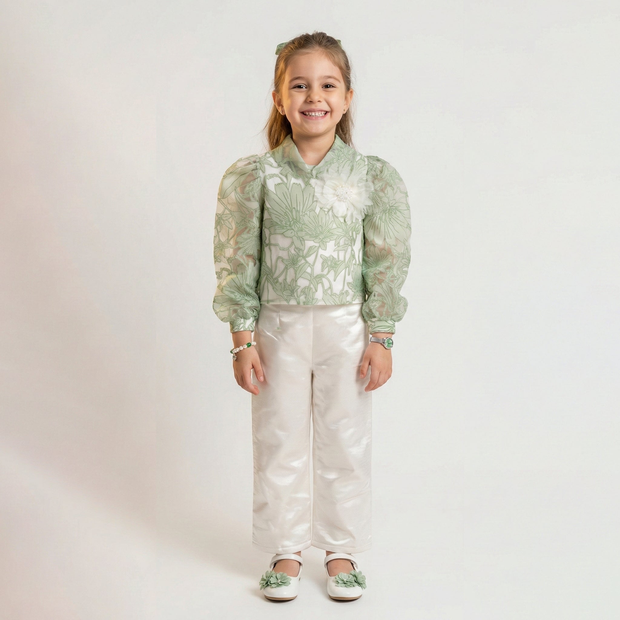 Girls' Sage Blossom Jacquard Blouse & Ivory Satin Pant Set