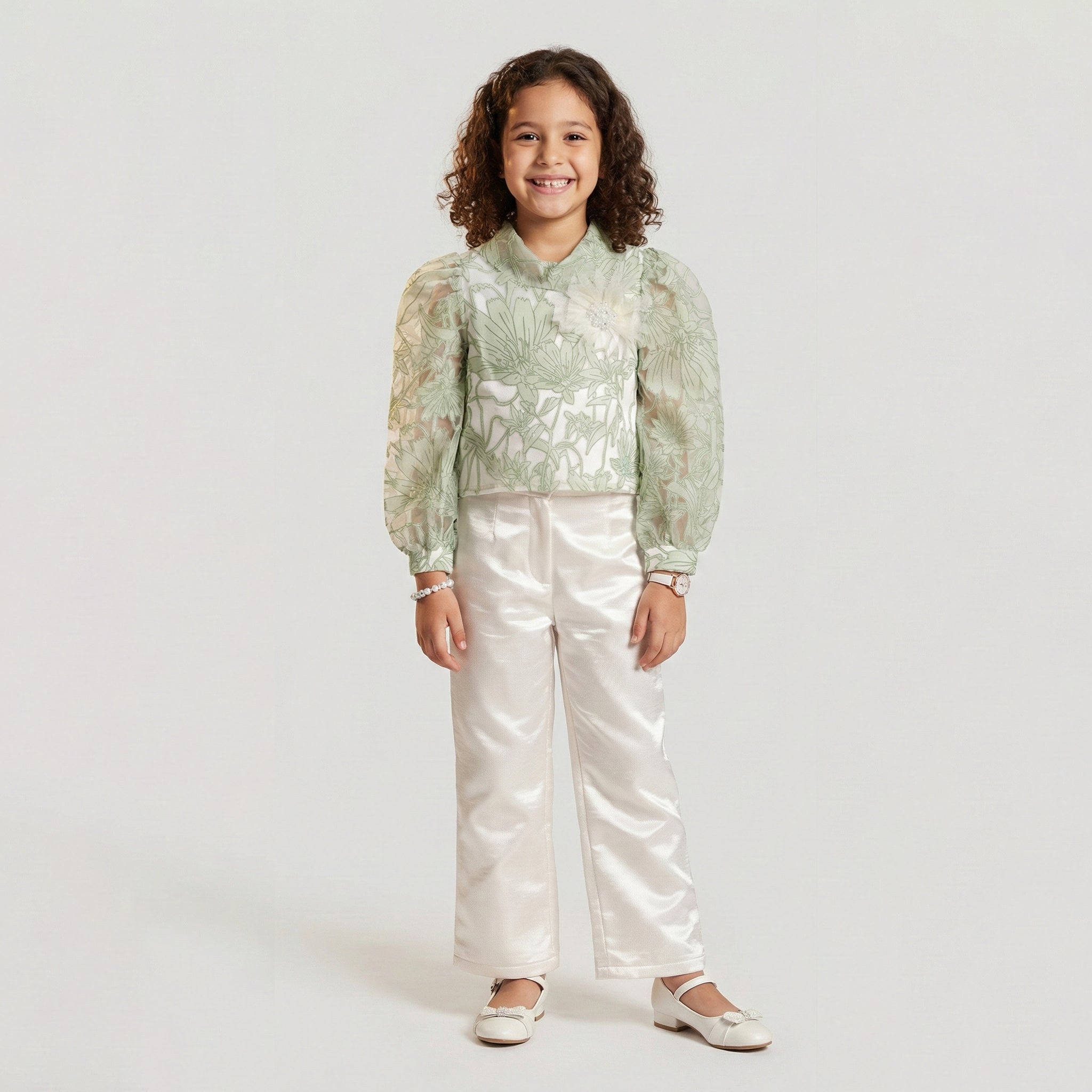 Girls' Sage Blossom Jacquard Blouse & Ivory Satin Pant Set