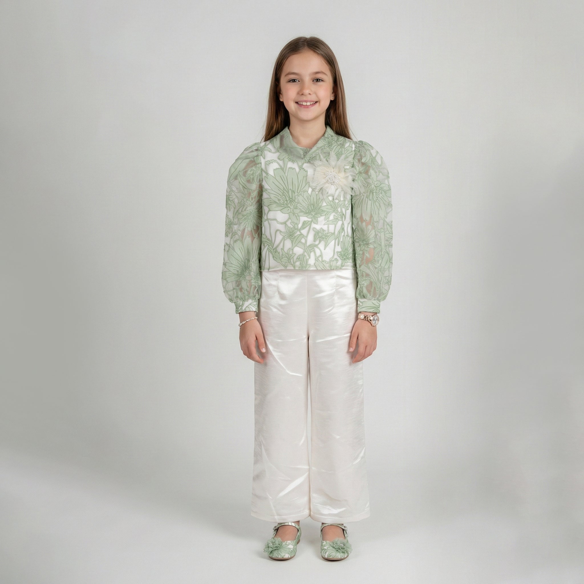 Girls' Sage Blossom Jacquard Blouse & Ivory Satin Pant Set