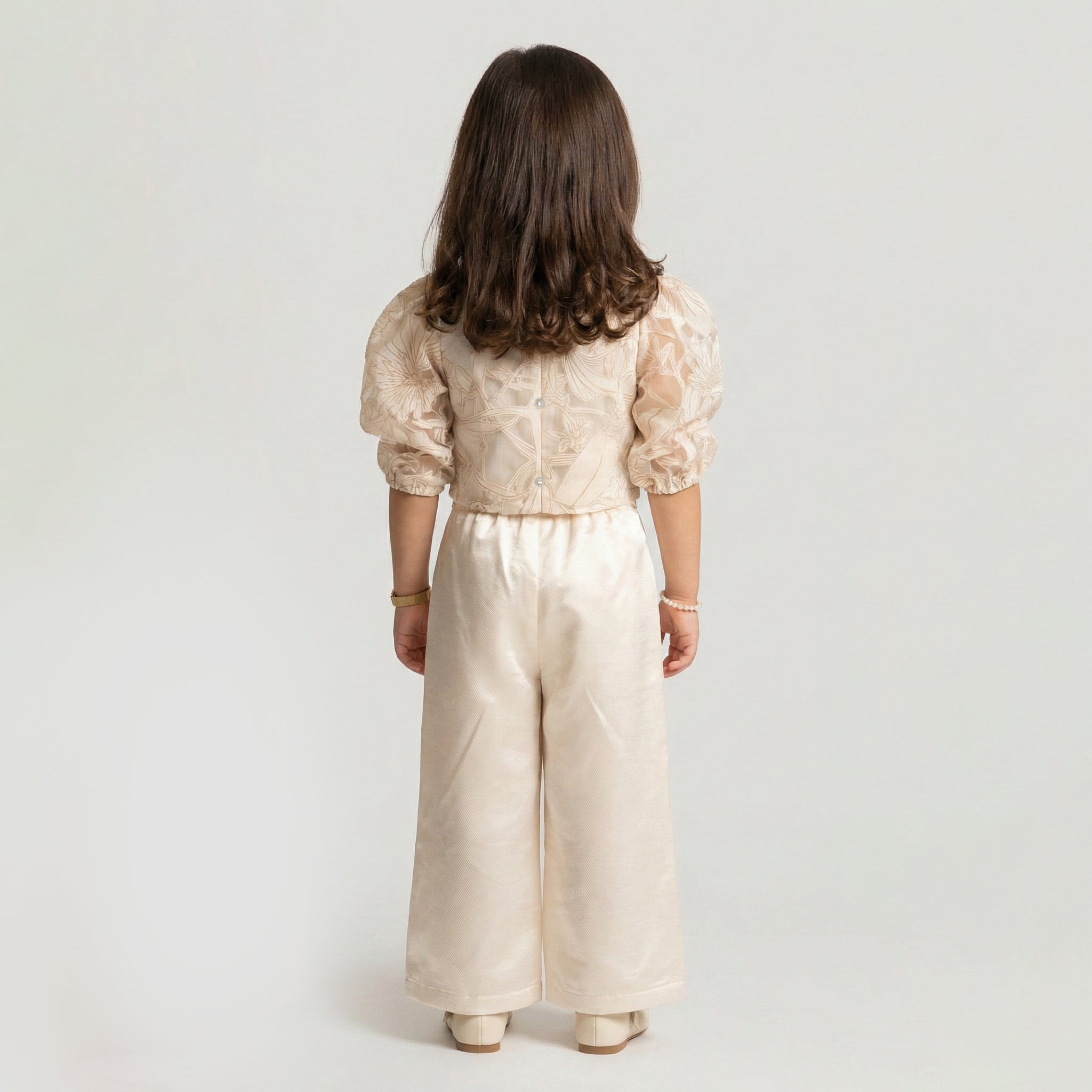 Girls' Genevieve Organza Bloom Blouse & Shimmer Wide-Leg Trouser Set