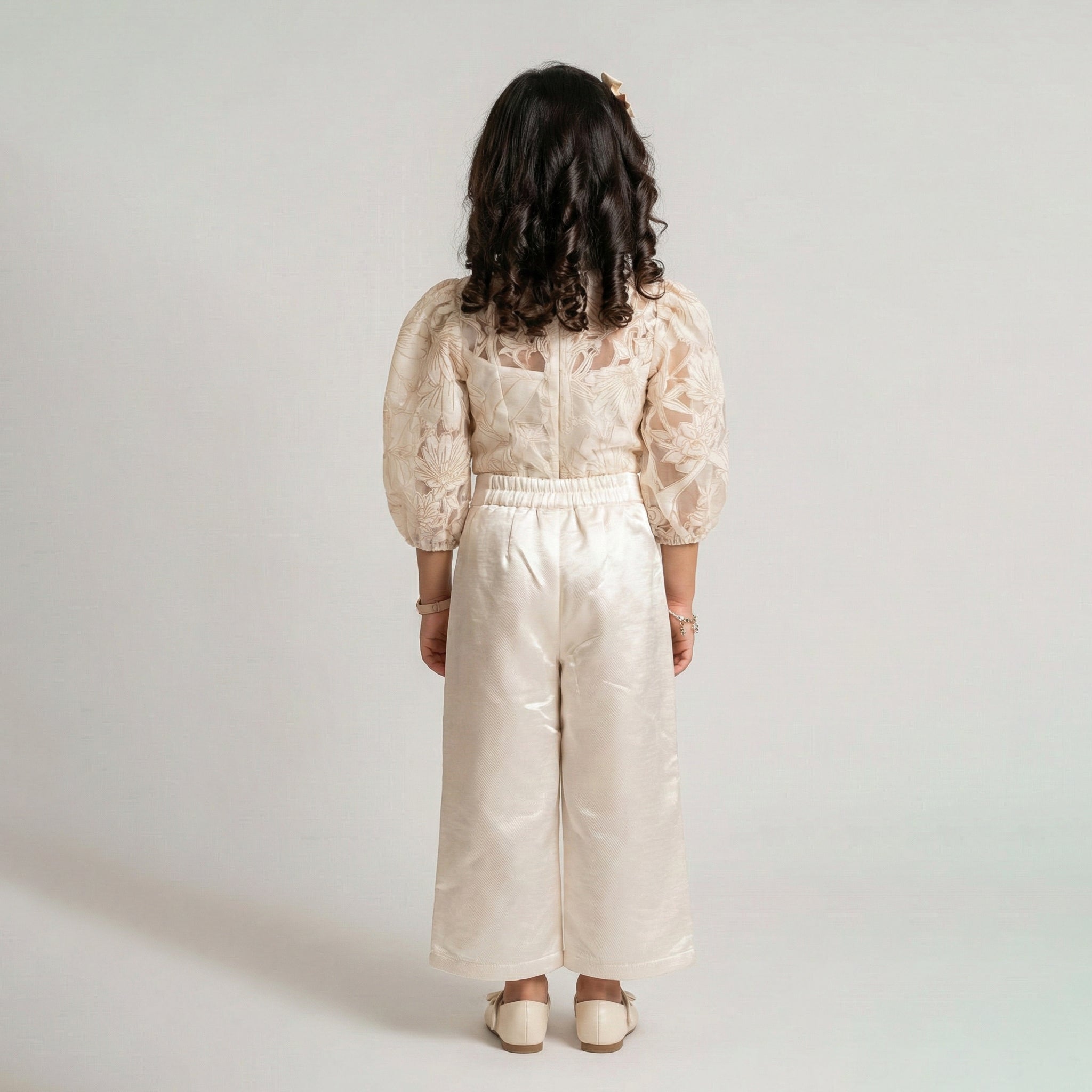 Girls' Genevieve Organza Bloom Blouse & Shimmer Wide-Leg Trouser Set