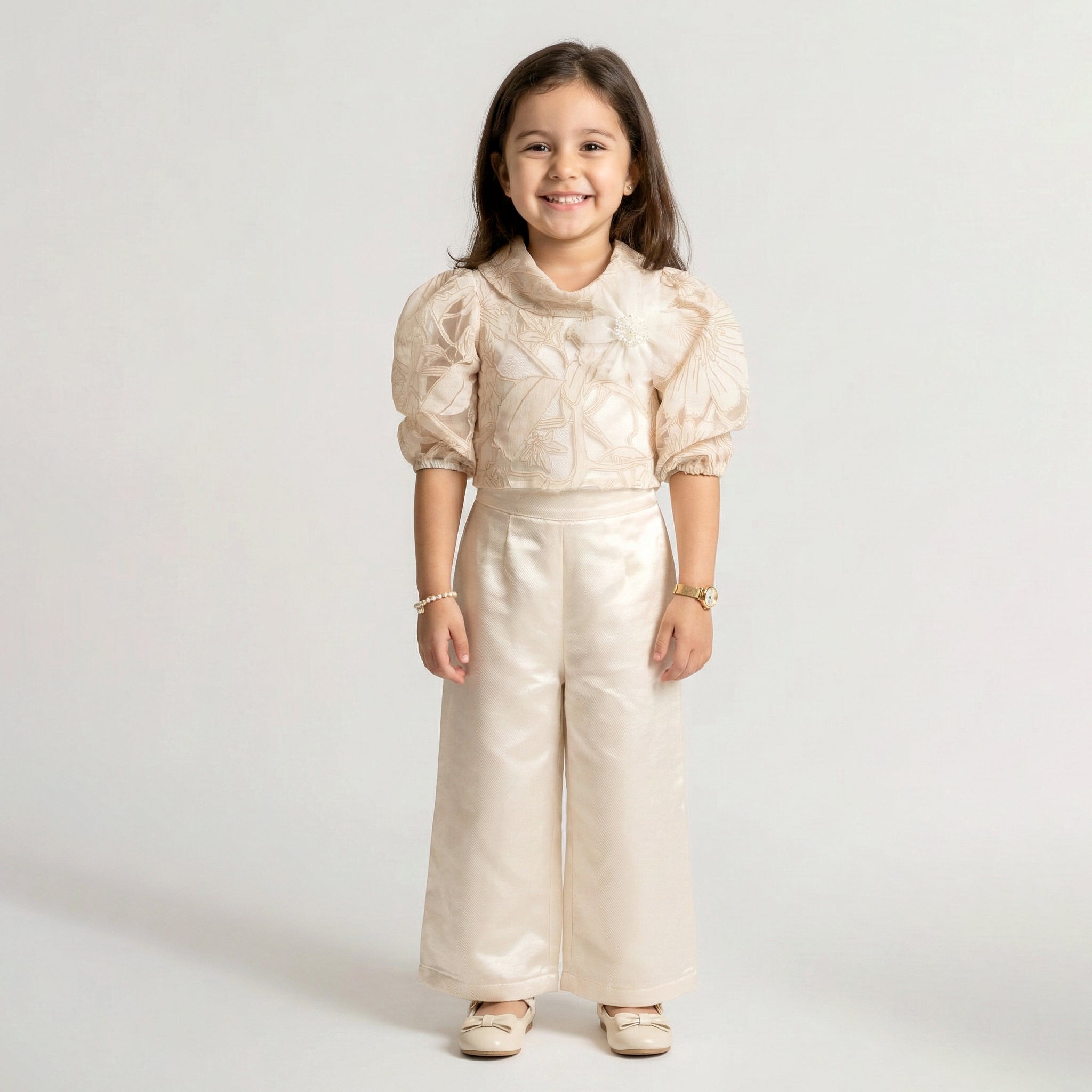 Girls' Genevieve Organza Bloom Blouse & Shimmer Wide-Leg Trouser Set