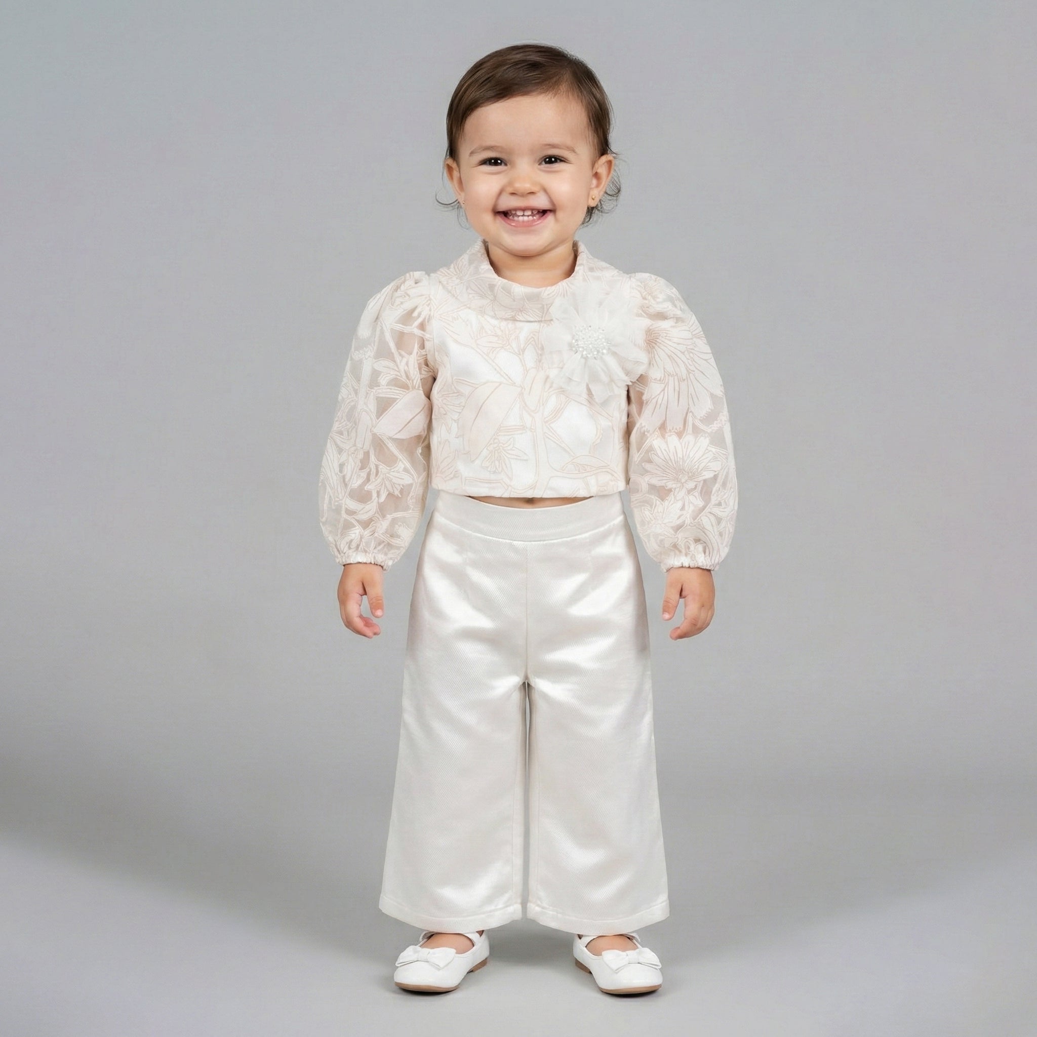 Girls' Genevieve Organza Bloom Blouse & Shimmer Wide-Leg Trouser Set