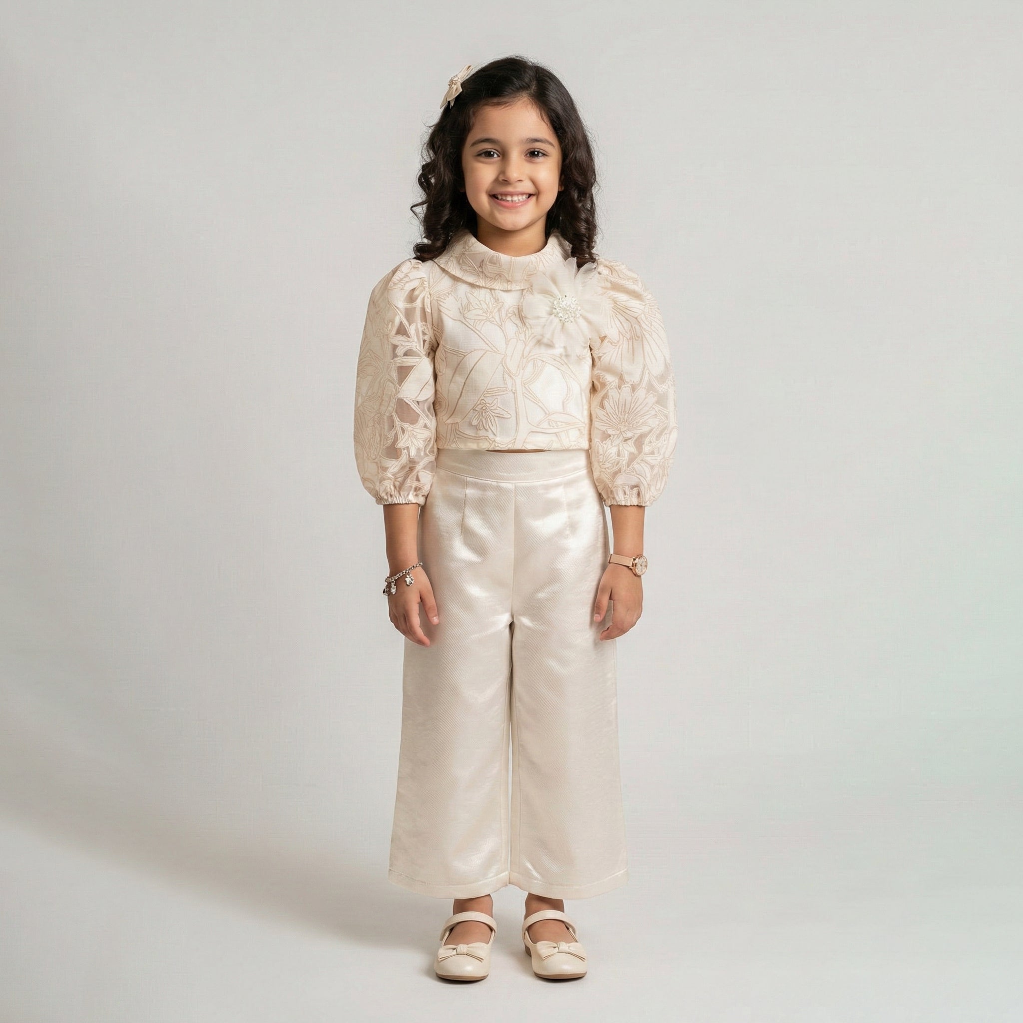 Girls' Genevieve Organza Bloom Blouse & Shimmer Wide-Leg Trouser Set