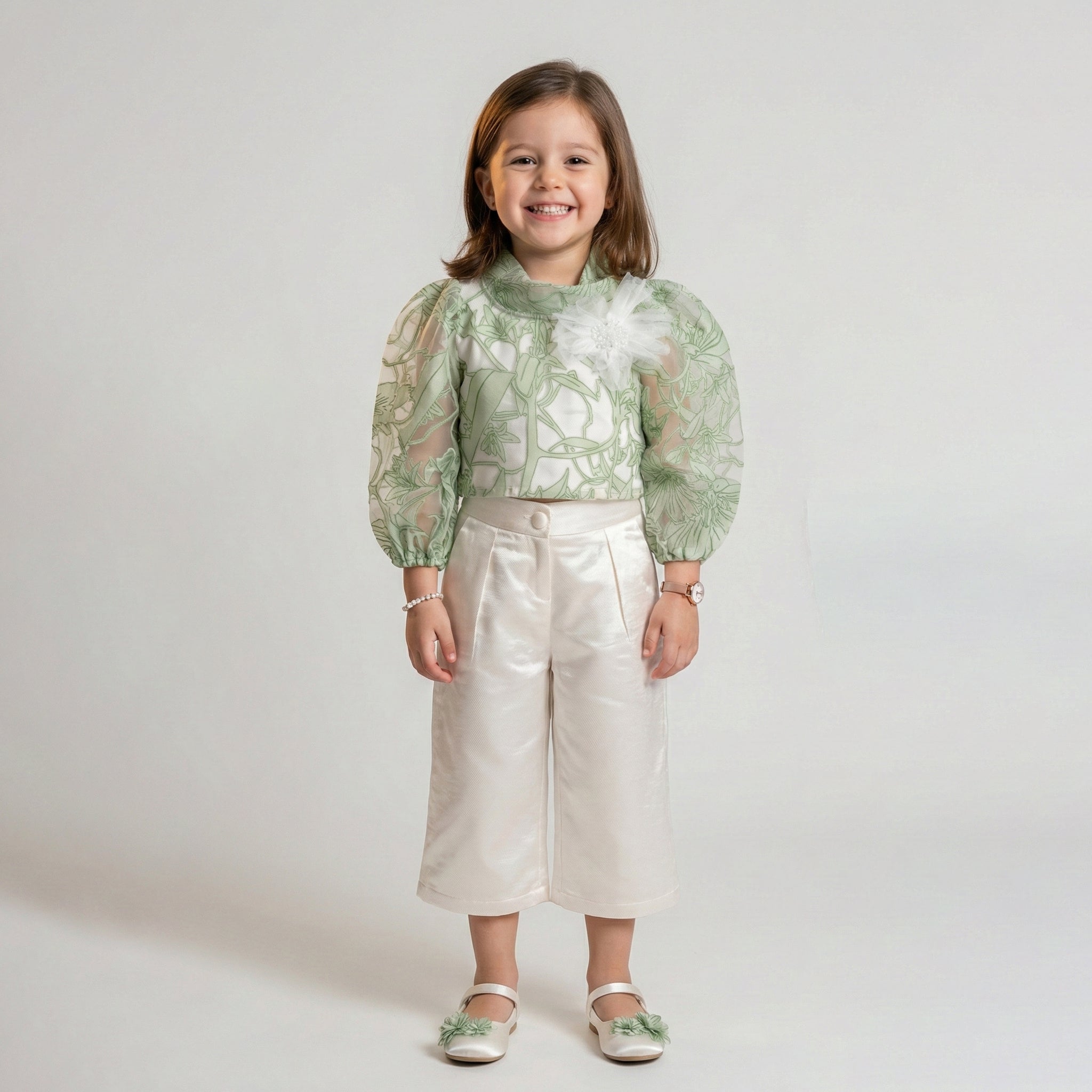 Girls’ Floral Organza Blouse & Pant Set