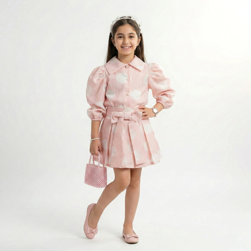 Elegant Textured Polka-Dot Dress & Pearl
