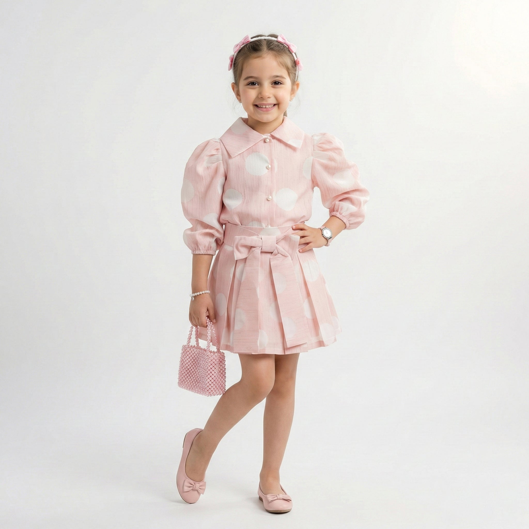 Classic Collared Polka-Dot Ensemble – Pink