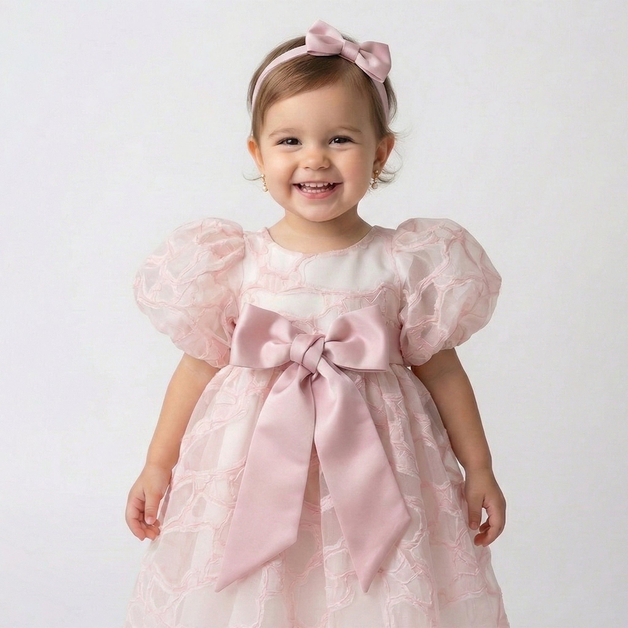 Baby’s First Gala – Champagne Organza Puff Dress with Oversized Satin Bow