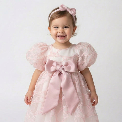 Baby’s First Gala – Champagne Organza Puff Dress with Oversized Satin Bow