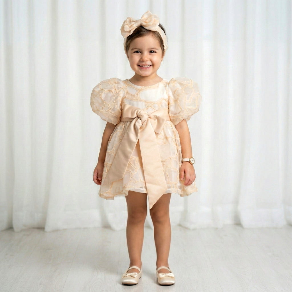 Dreamy Champagne Party Dress – Textured Organza Tulle with Statement Bow