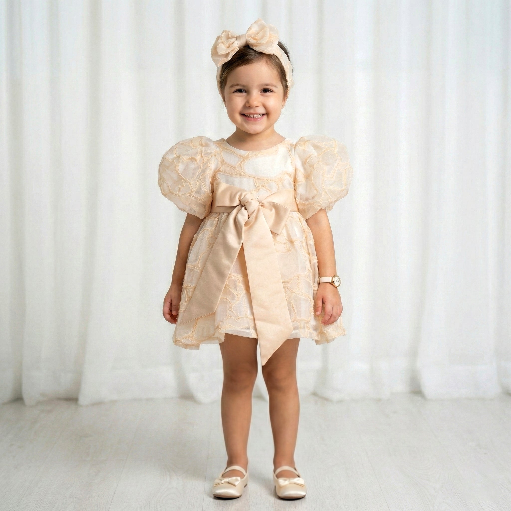 Dreamy Champagne Party Dress – Textured Organza Tulle with Statement Bow