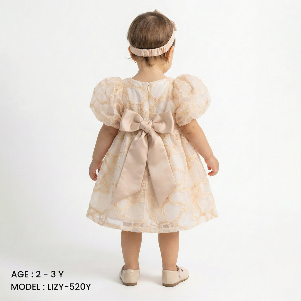 Baby’s First Gala – Champagne Organza Puff Dress with Oversized Satin Bow