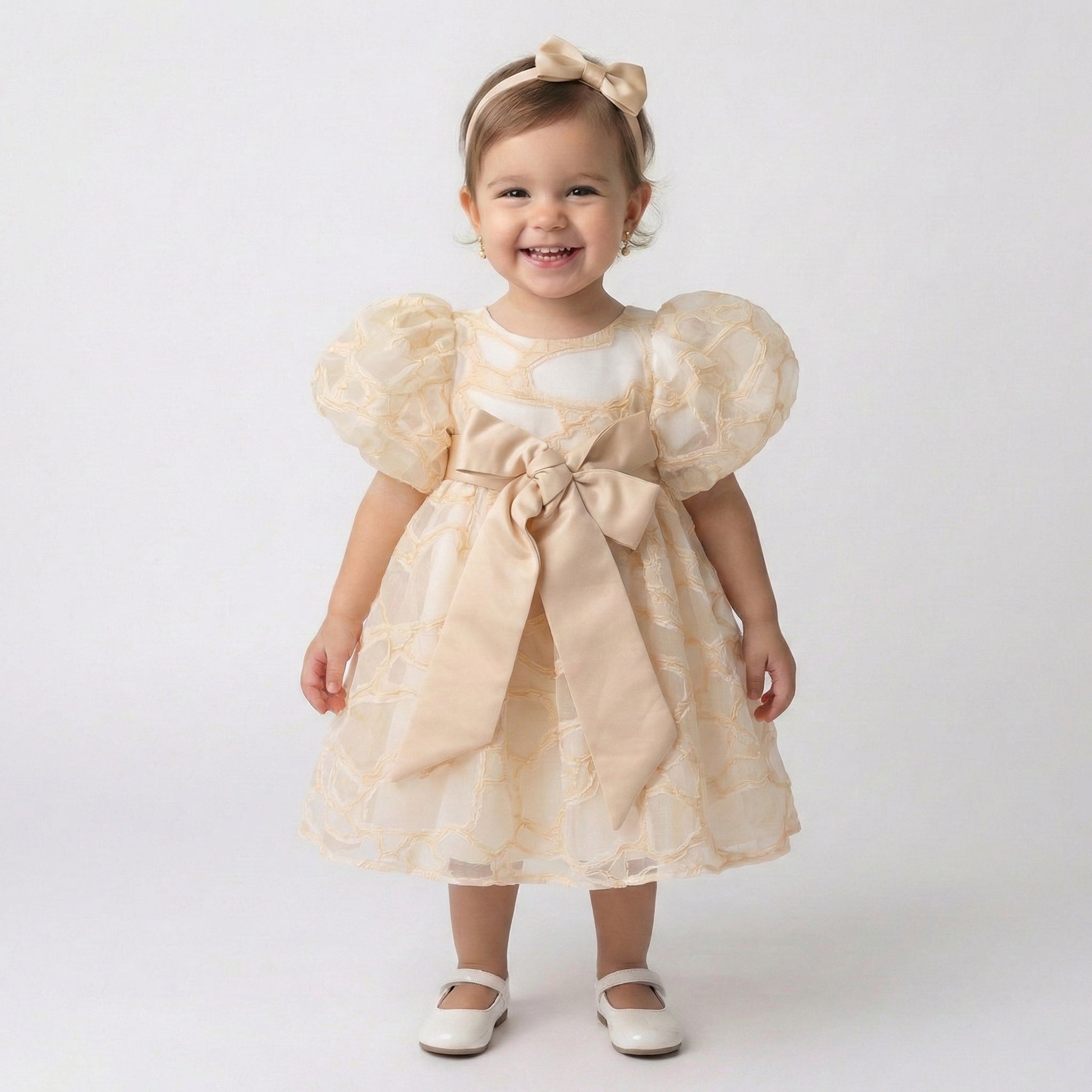 Baby’s First Gala – Champagne Organza Puff Dress with Oversized Satin Bow