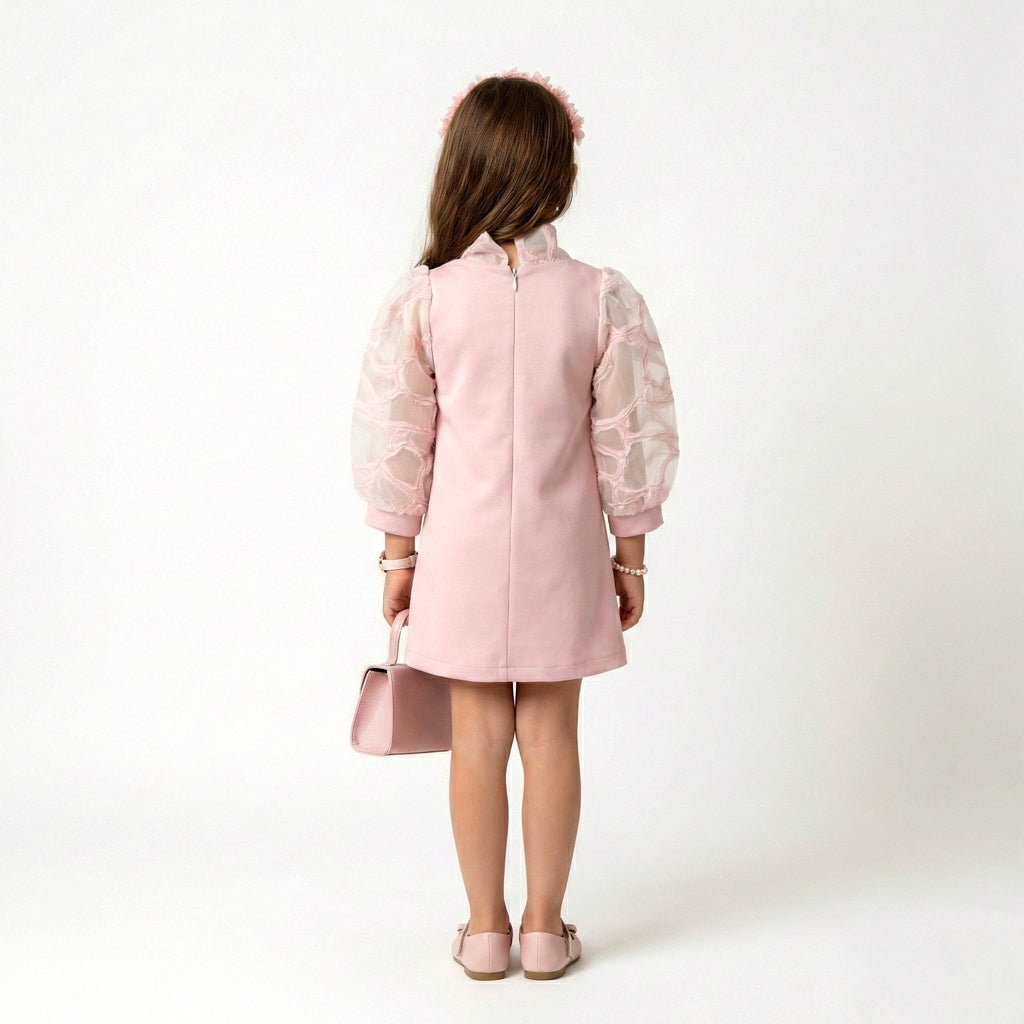 Graceful Peach Occasion Dress – Sheer Lantern Sleeve A-Line