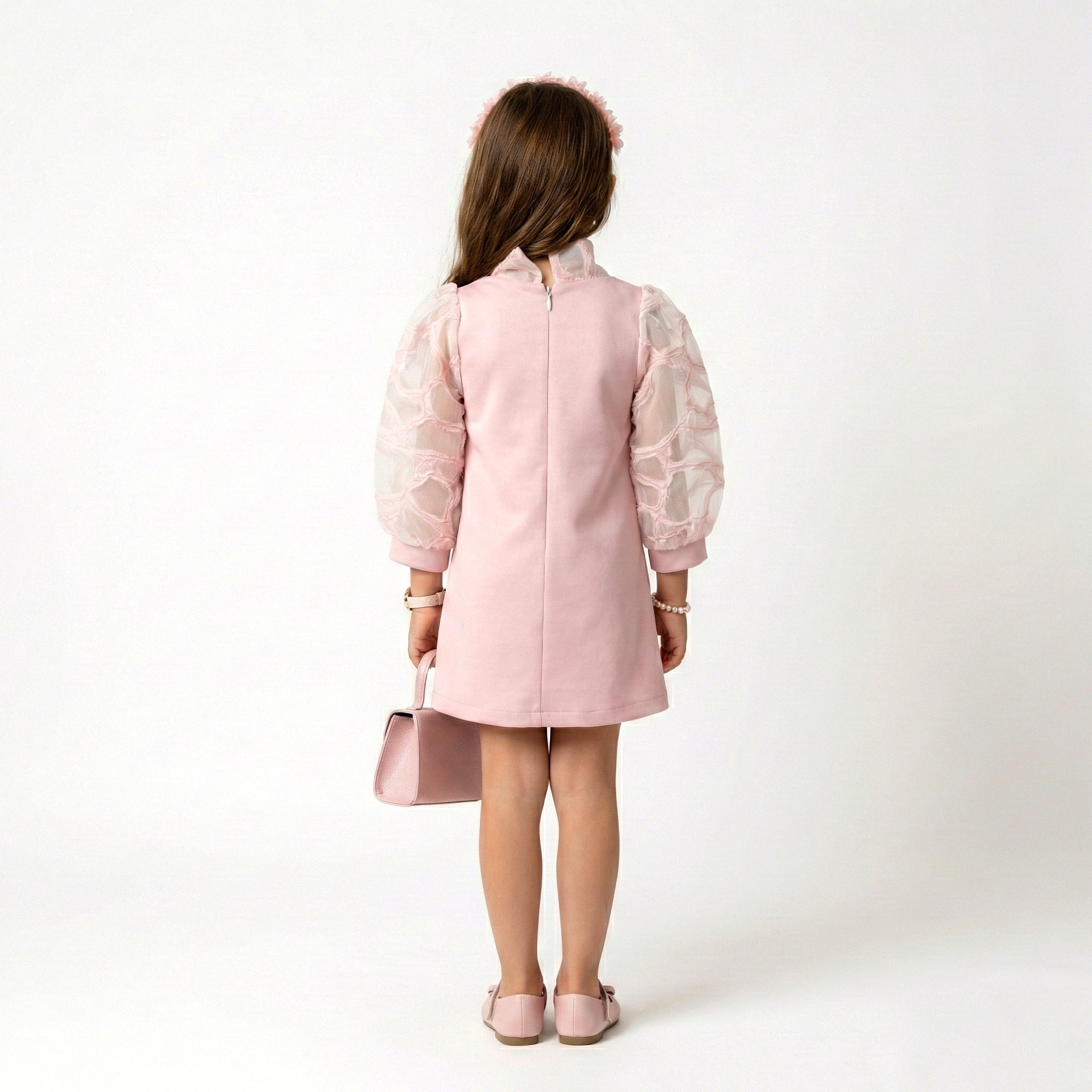 Graceful Peach Occasion Dress – Sheer Lantern Sleeve A-Line