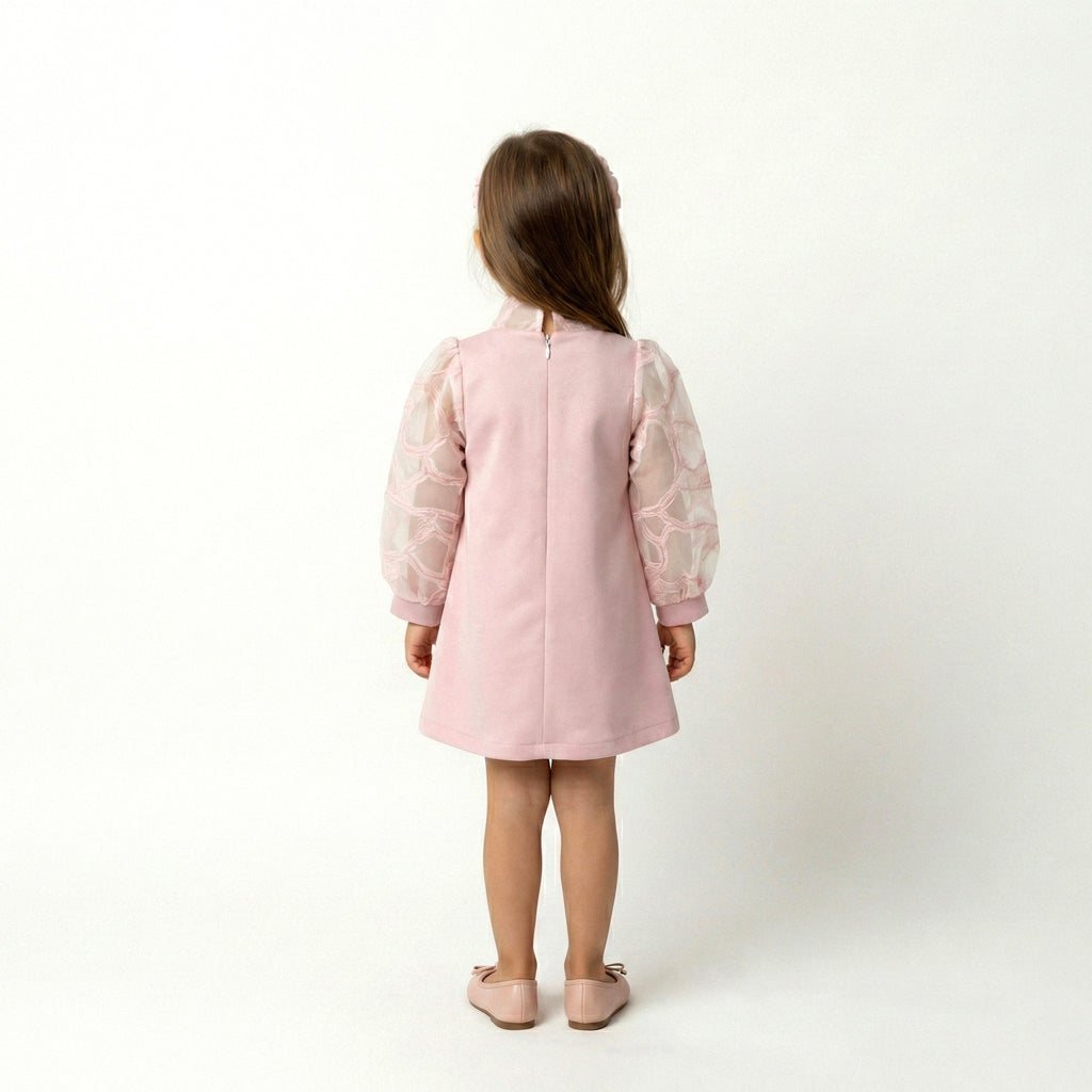 Little Lady Bow-Accent Party Dress – Peach Organza Puff Sleeves