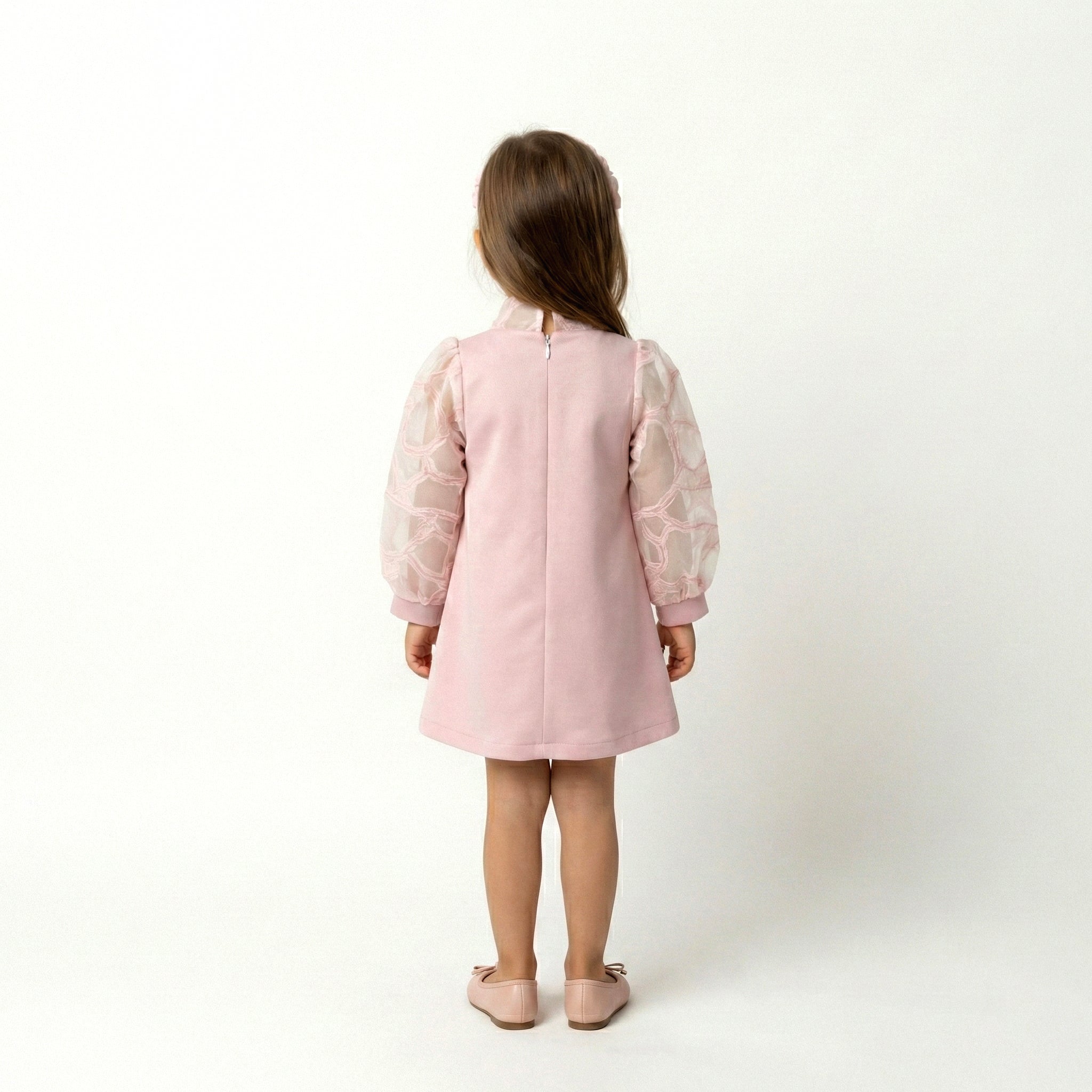 Little Lady Bow-Accent Party Dress – Peach Organza Puff Sleeves