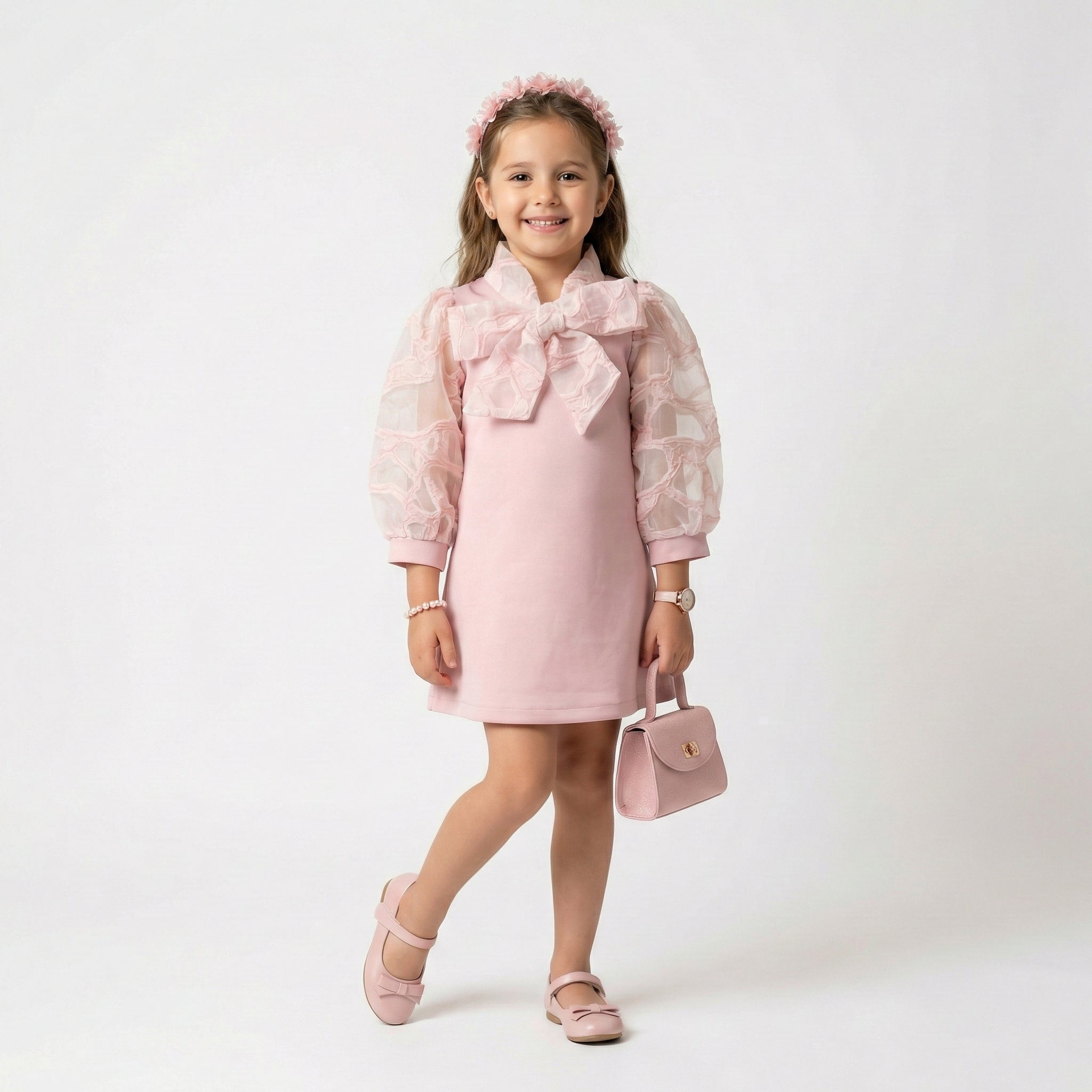 Graceful Peach Occasion Dress – Sheer Lantern Sleeve A-Line