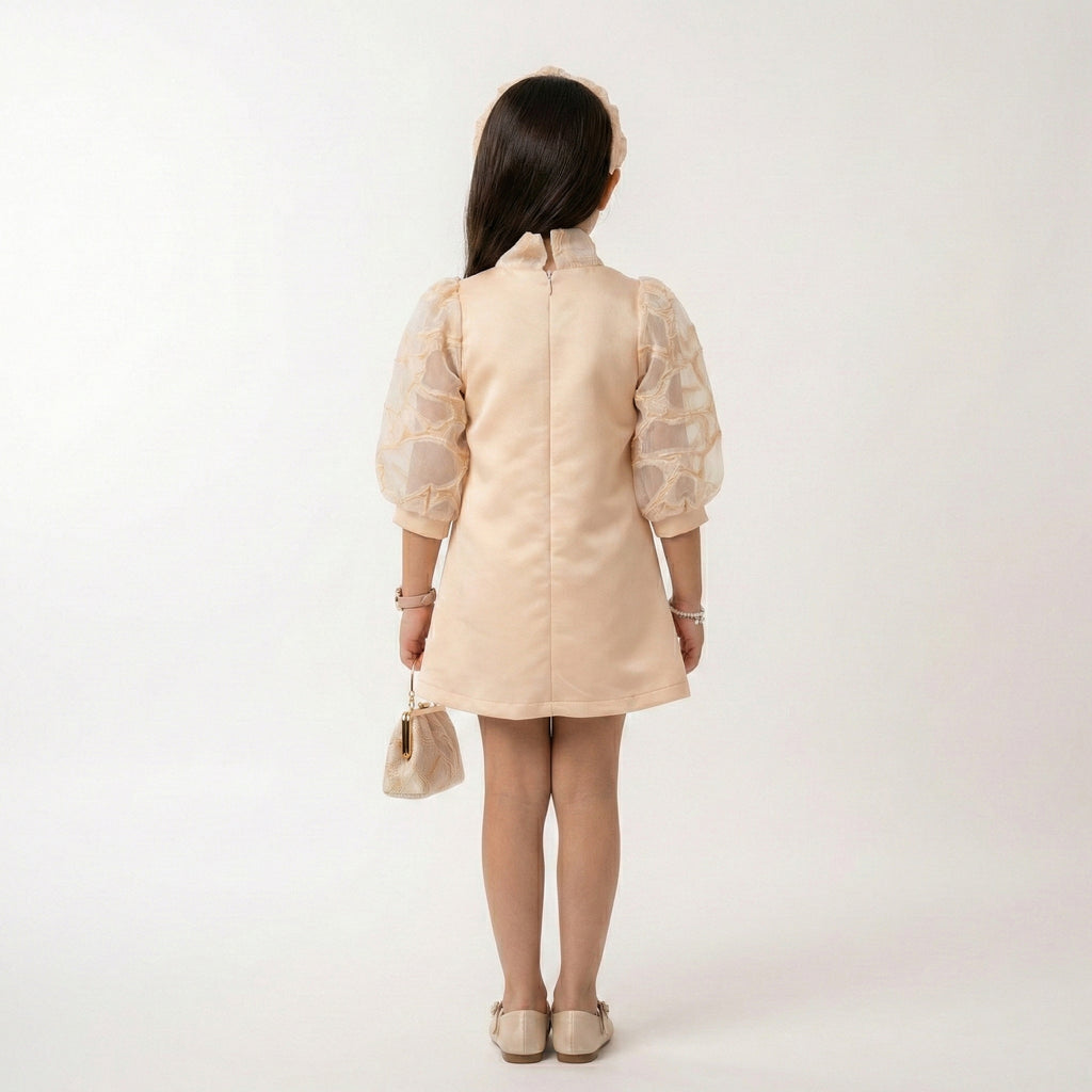 Graceful Peach Occasion Dress – Sheer Lantern Sleeve A-Line