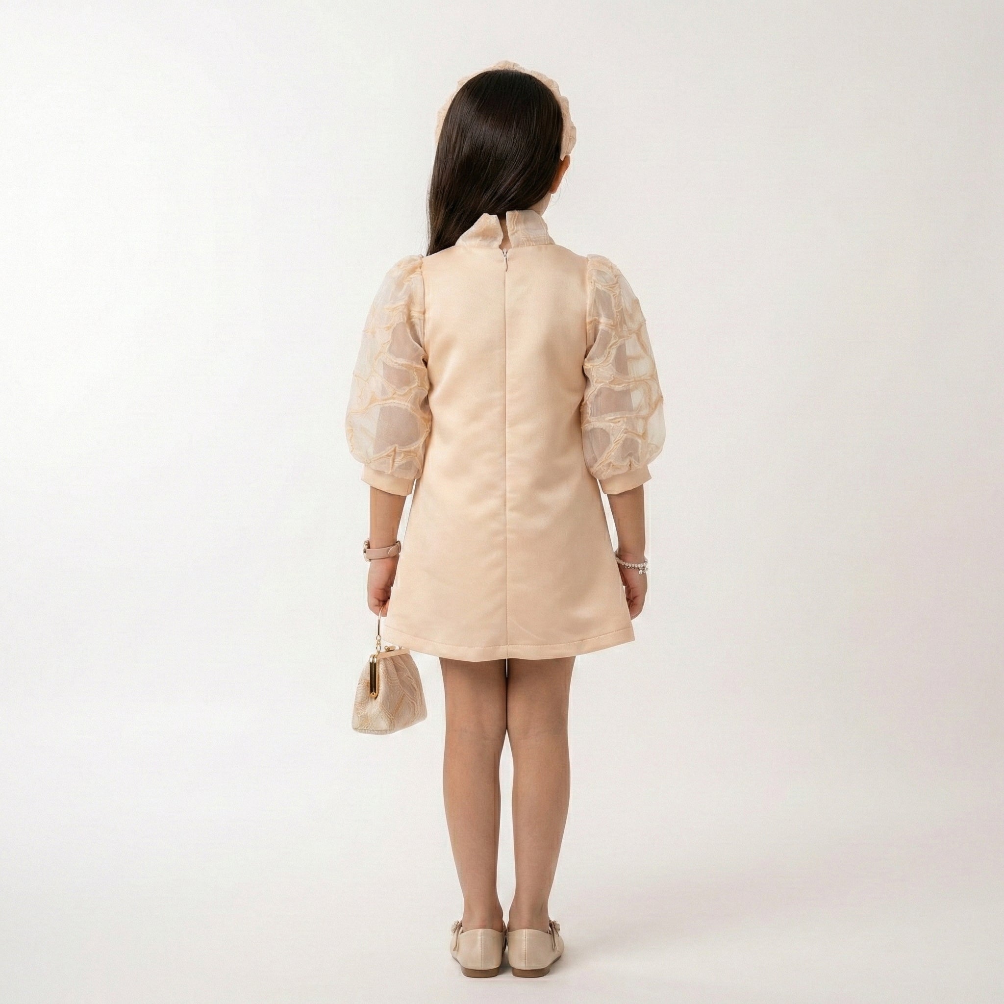 Graceful Peach Occasion Dress – Sheer Lantern Sleeve A-Line