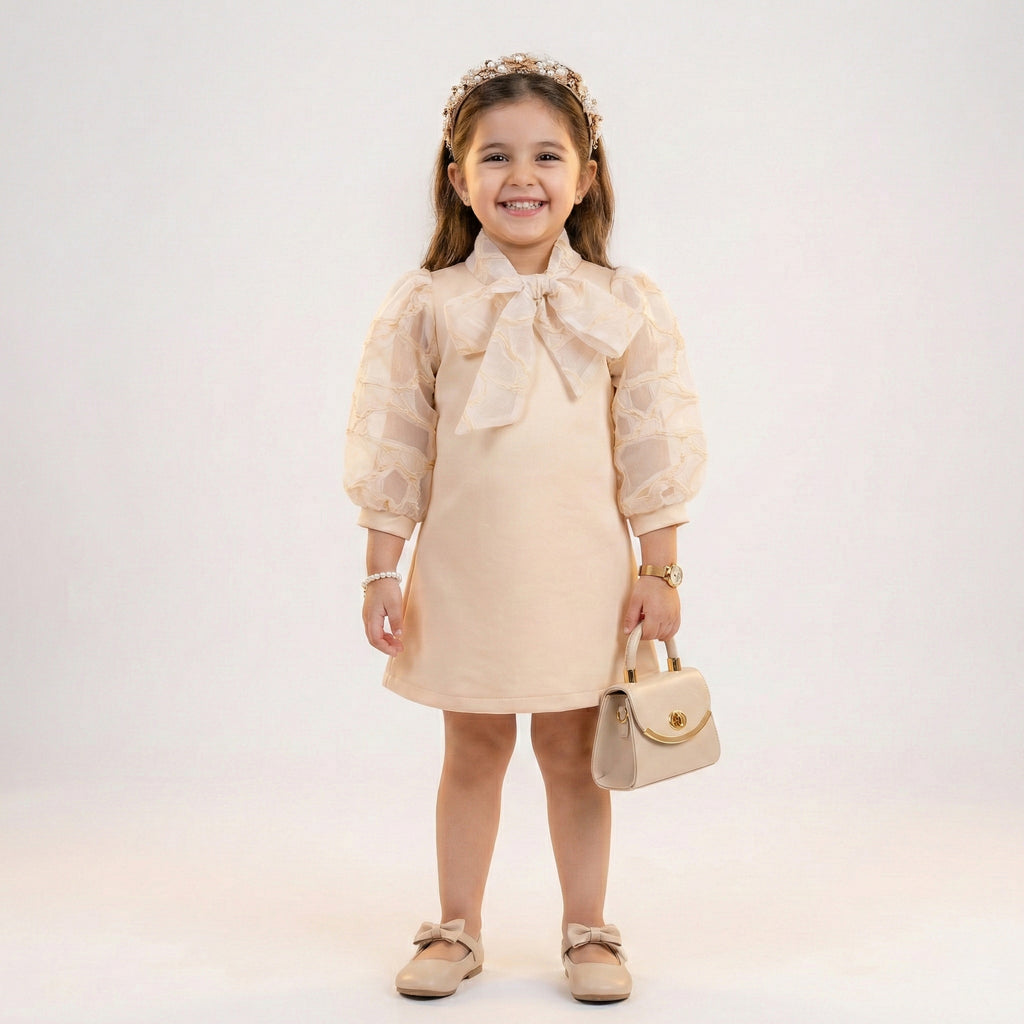 Little Lady Bow-Accent Party Dress – Peach Organza Puff Sleeves
