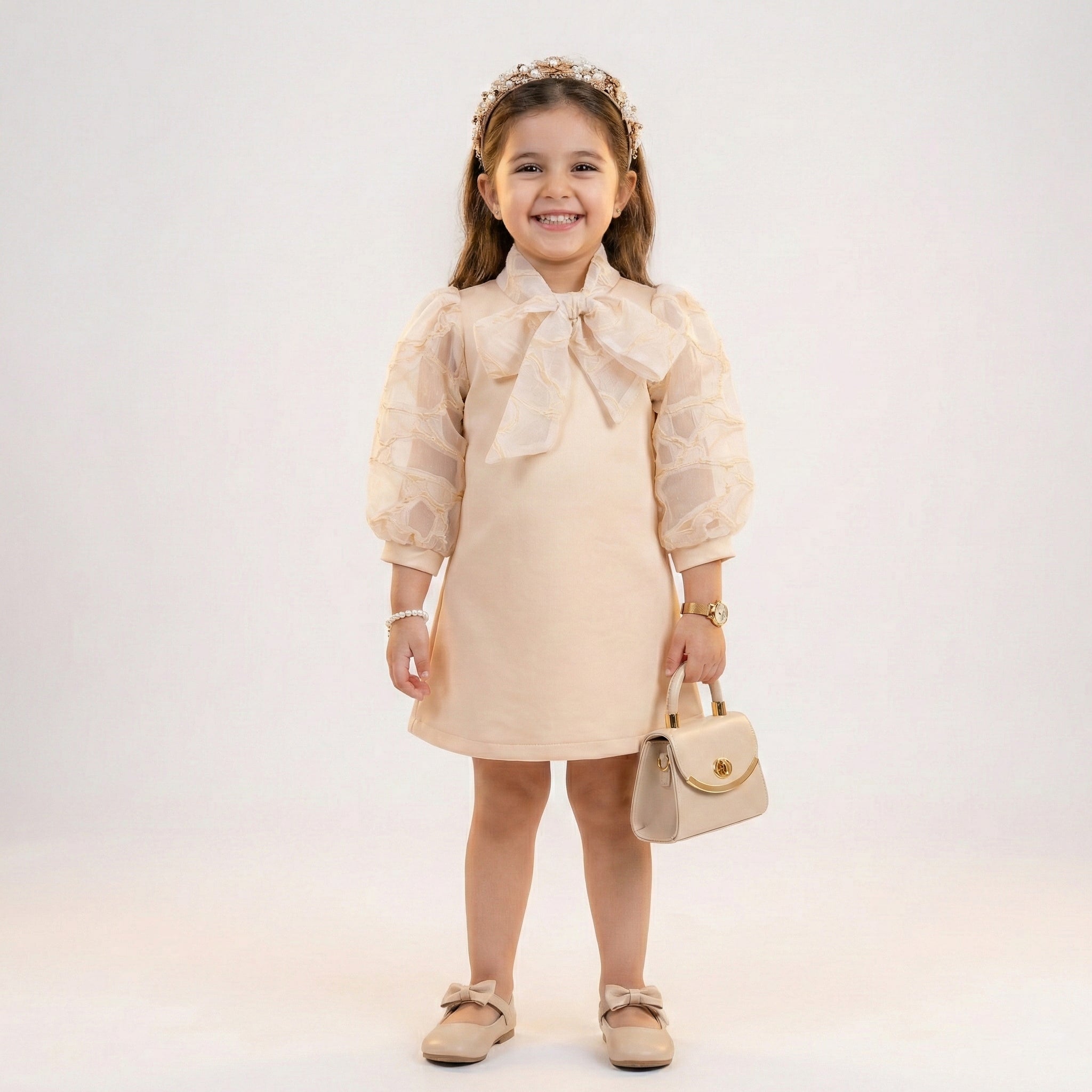 Little Lady Bow-Accent Party Dress – Peach Organza Puff Sleeves