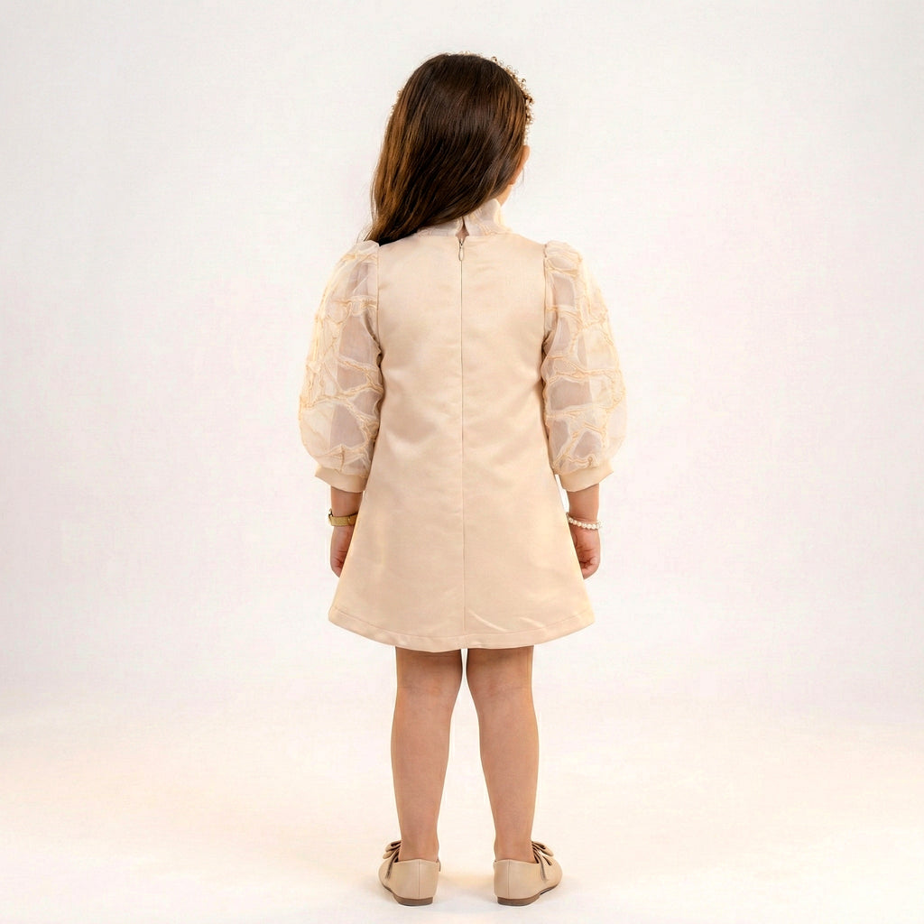 Little Lady Bow-Accent Party Dress – Peach Organza Puff Sleeves