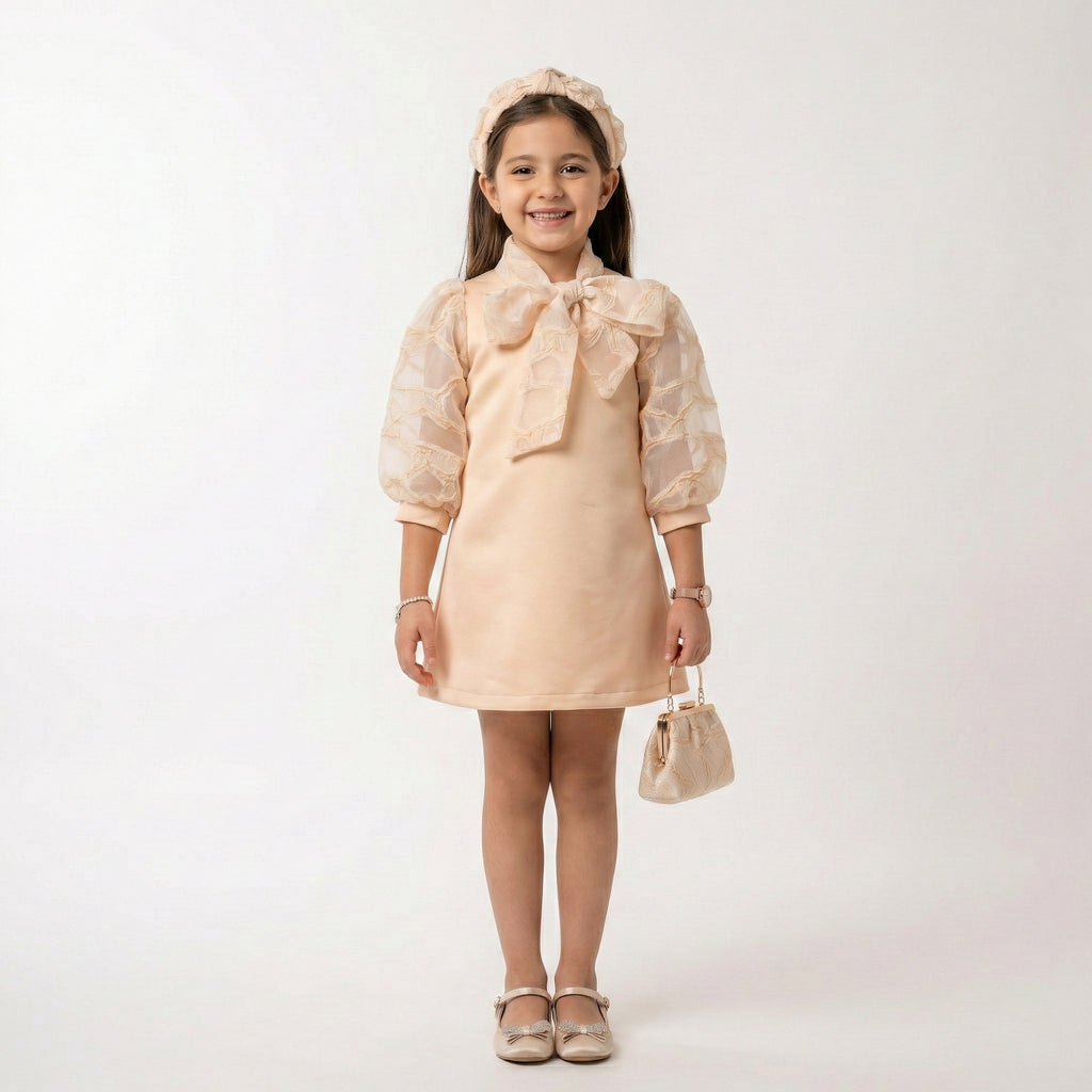Graceful Peach Occasion Dress – Sheer Lantern Sleeve A-Line