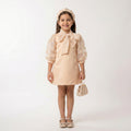 Graceful Peach Occasion Dress – Sheer Lantern Sleeve A-Line
