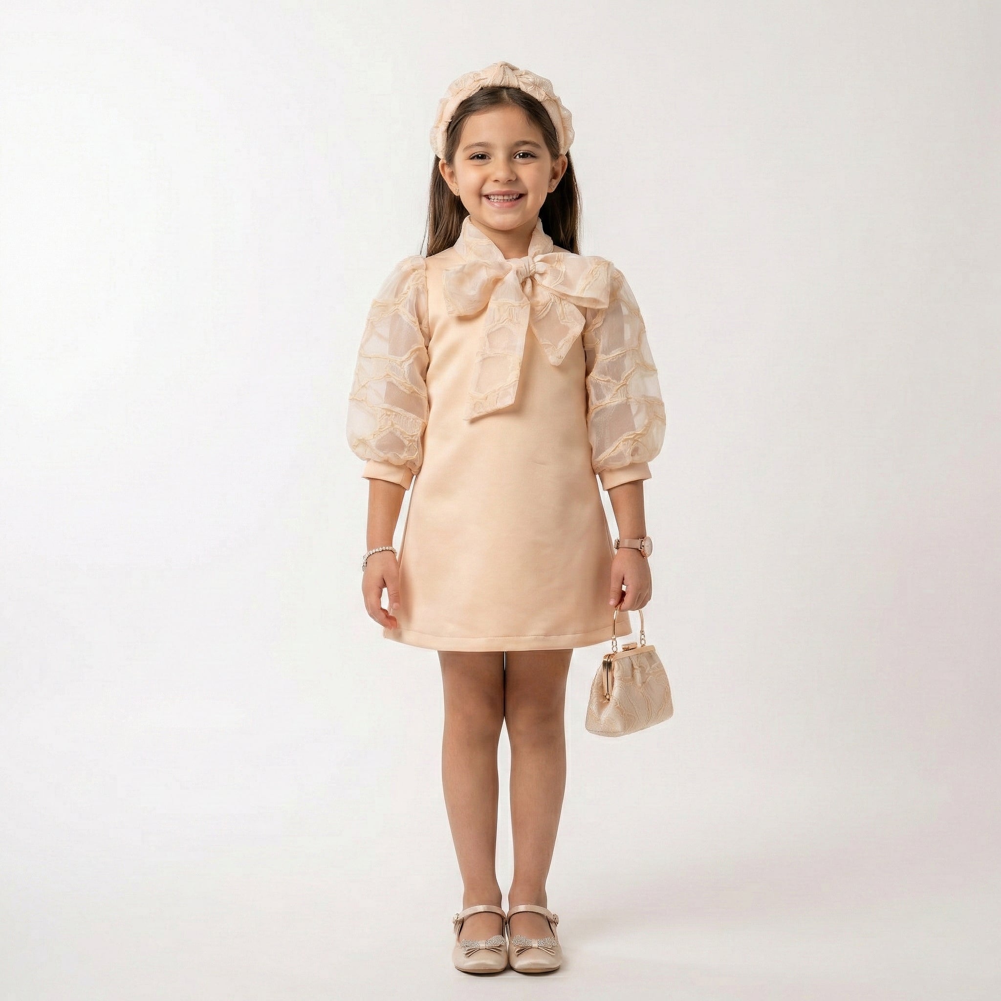 Graceful Peach Occasion Dress – Sheer Lantern Sleeve A-Line