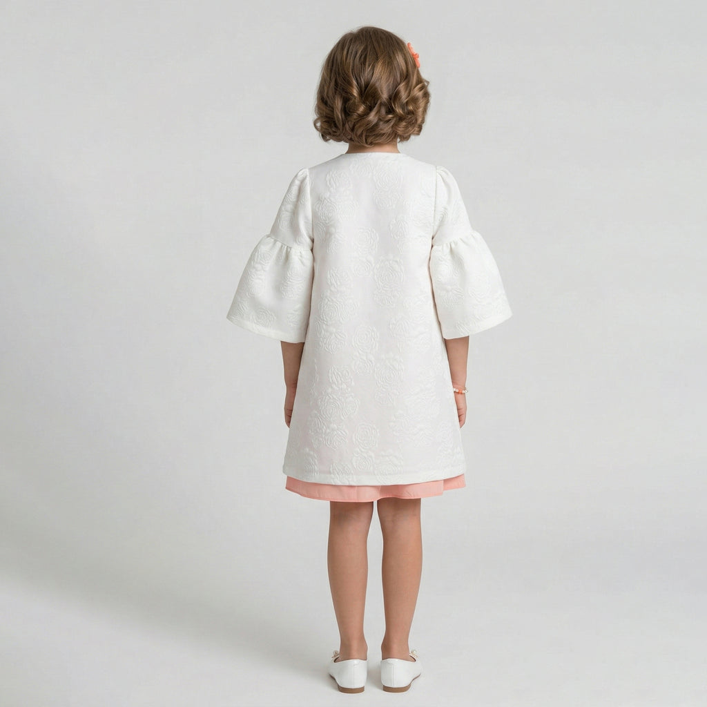 Girl's Evangeline Floral Embossed Coat & Peach Chiffon Dress Set