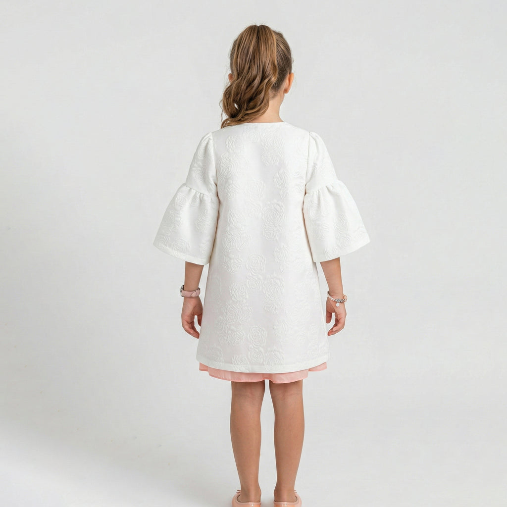 Girl's Evangeline Floral Embossed Coat & Peach Chiffon Dress Set