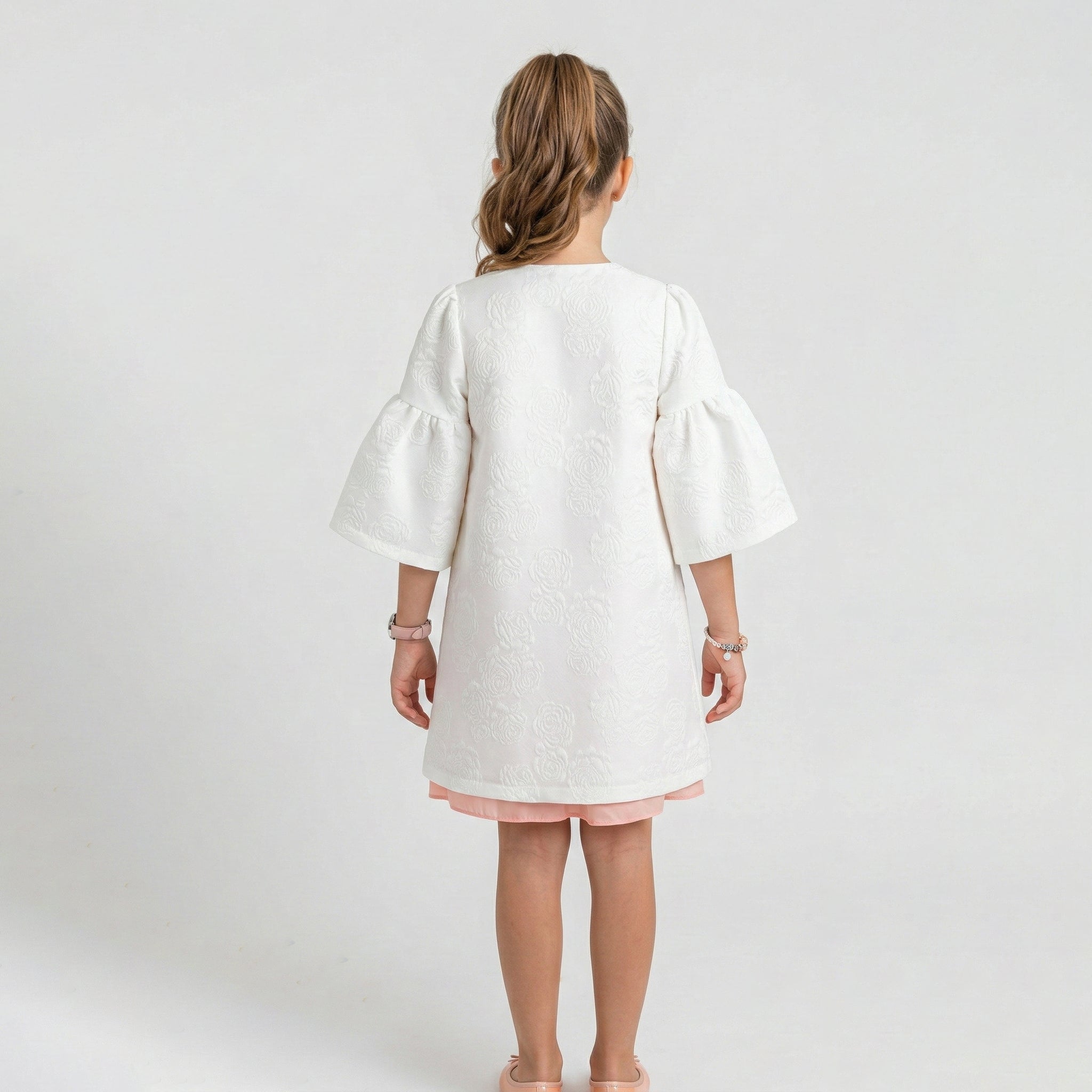 Girl's Evangeline Floral Embossed Coat & Peach Chiffon Dress Set