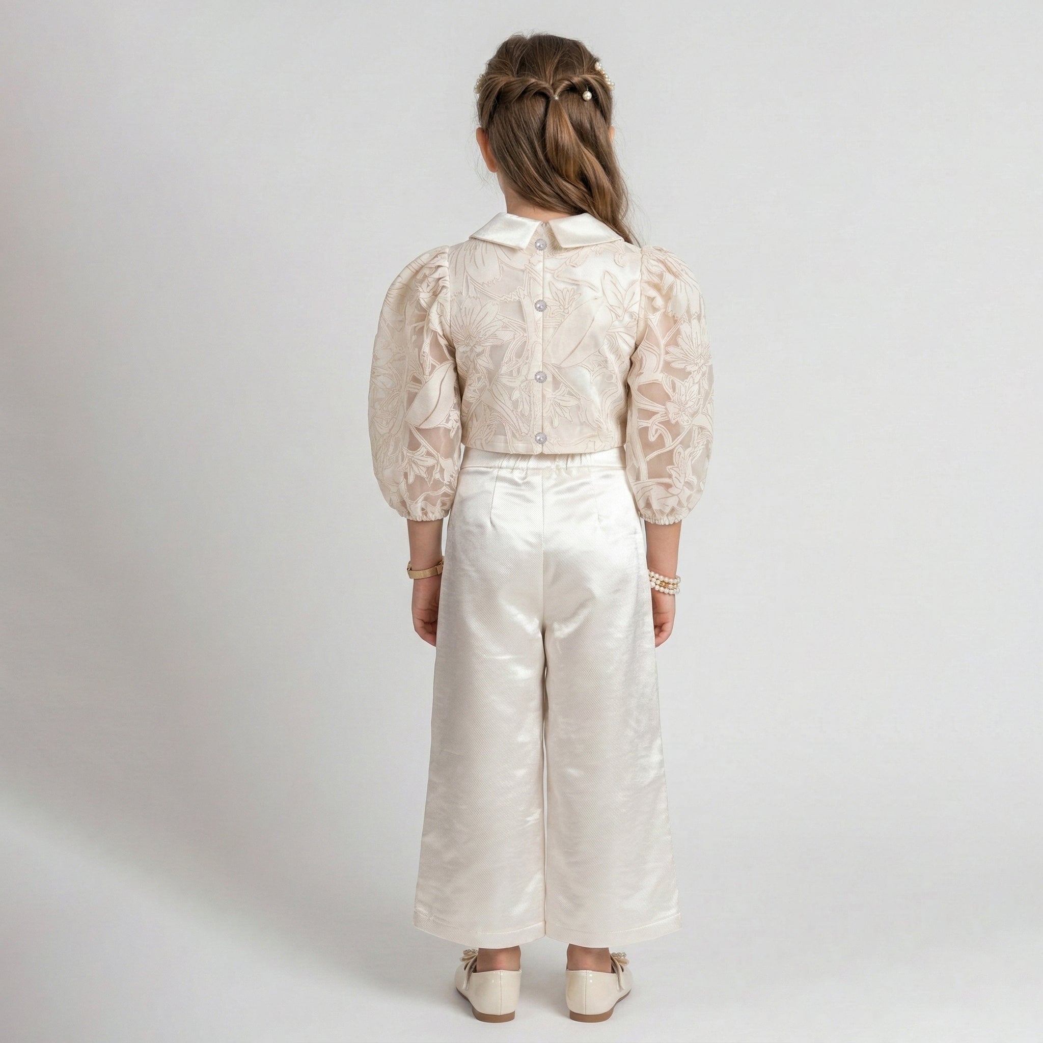 Girls' Genevieve Organza Bloom Blouse & Shimmer Wide-Leg Trouser Set
